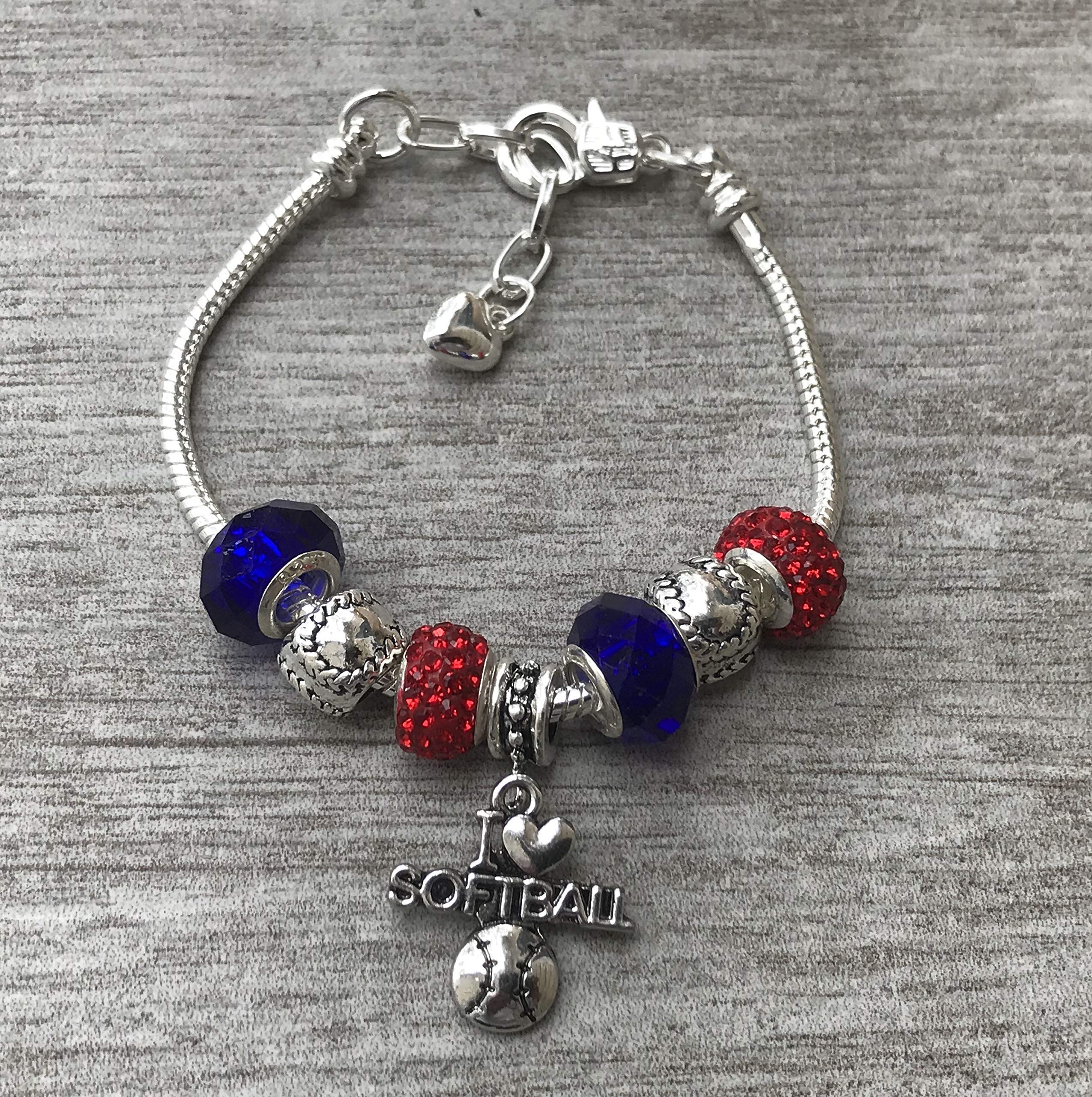 Sportybella Softball Charm Bracelet, Red and Blue Beaded Adjustable Chain with I Love Softball Pendant, Jewelry & Gifts, Players, and Teams
