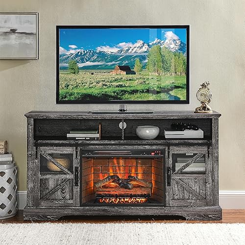 Miniatura 3 de Centro de entretenimiento con chimenea eléctrica de 60 pulgadas con sensor de puerta, control remoto, nogal oscuro (roble)