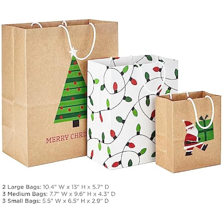 Hallmark Christmas Gift Bags for Kids (8 Bags: 3 Small 6, 3 Medium 9, 2 Large 13) Recyclable Kraft with Santa, Lights and Tree