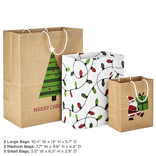 Hallmark Sustainable Christmas Gift Bags For Kids (8 Bags: 3 Small 6", 3 Medium 9", 2 Large 13") Recyclable Kraft With Santa, Lights And Tree #TOP2