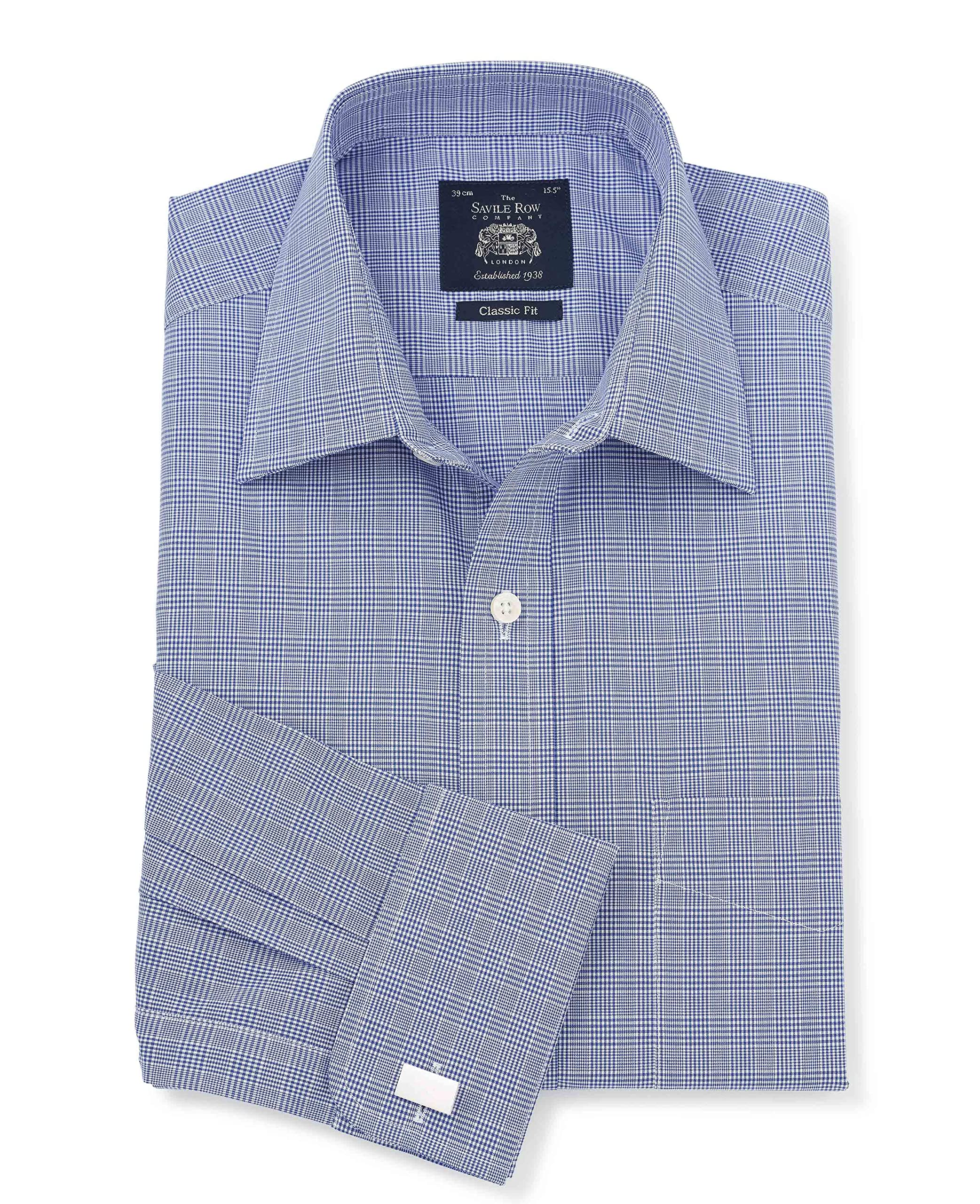 THE SAVILE ROW COMPANY LONDON Men's Classic Fit Cotton Twill Formal Shirt - Double Cuff - Blue Prince of Wales Check - 19.5" Collar - Standard
