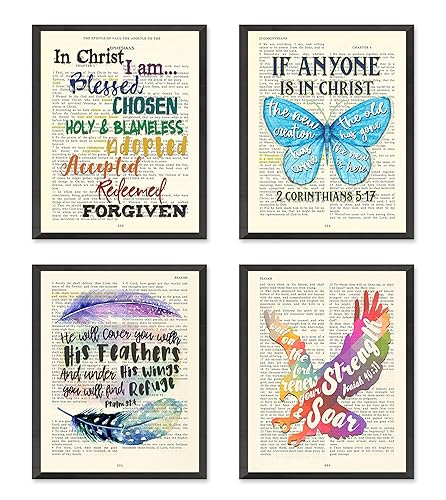 Ephesians 1, 2 Corinthians 517, Psalm 914, Isaiah 4031 Art Prints, Set of 4, Unframed, Vintage Bible Page Verse Set Wall Decor Posters, 8x10 Inches