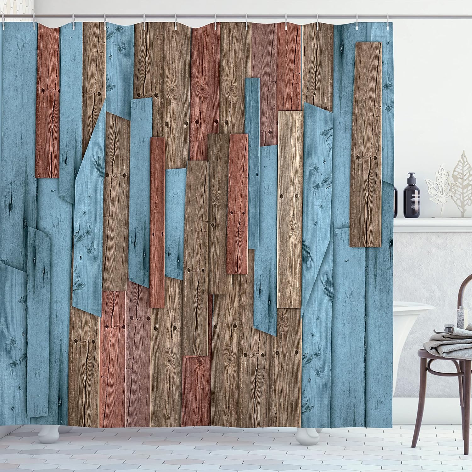 Ambesonne Rustic Shower Curtain, Grunge Wood Planks Barn House Door Nails Country Farm House Life Theme Layout, Cloth Fabric Bathroom Decor Set with Hooks, 69" W x 75" L, Sea Blue