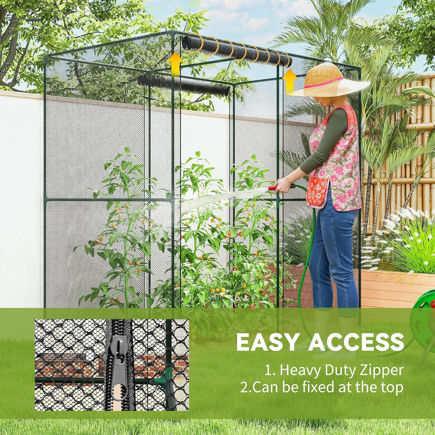 Person watering plants inside the crop cage, showing the zippered door