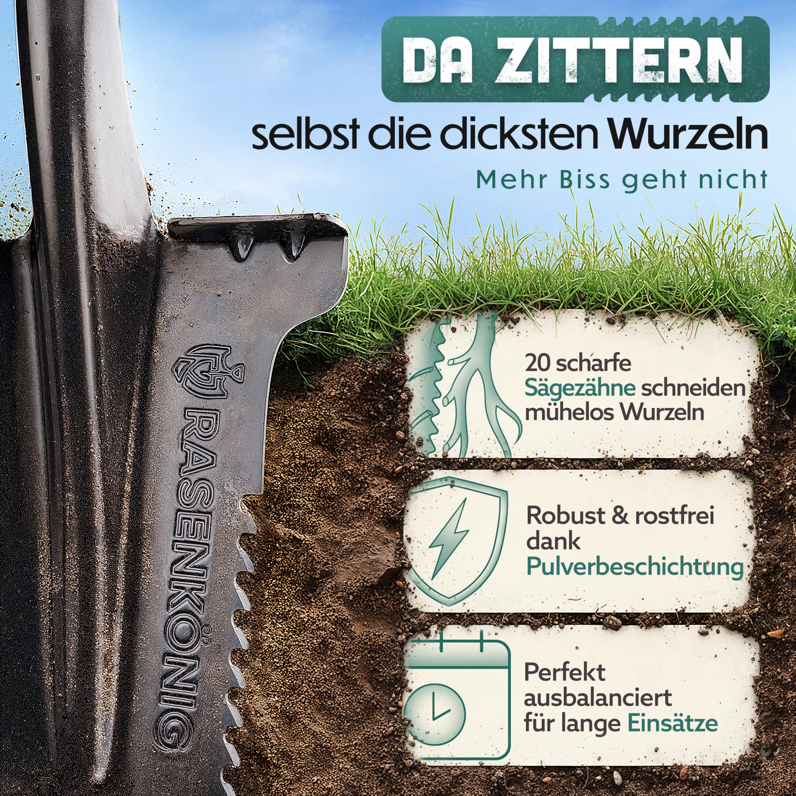 Spaten mit Wurzelsäge Pro [Massivstahl] Wurzelspaten für die Gartenarbeit | mit 20 Sägezähnen, ergonomischem Griff & breiter Trittkante | Stabiler Gartenspaten für leichteres Graben