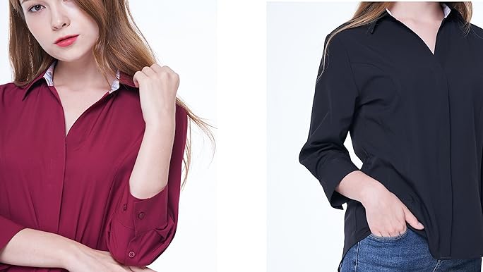 Women's Button Down Shirt, 4-Way Stretch V Neck Blouse, Wrinkle Women's Button Down Shirt, 4-Way Stretch V Neck Blouse, Wrinkle