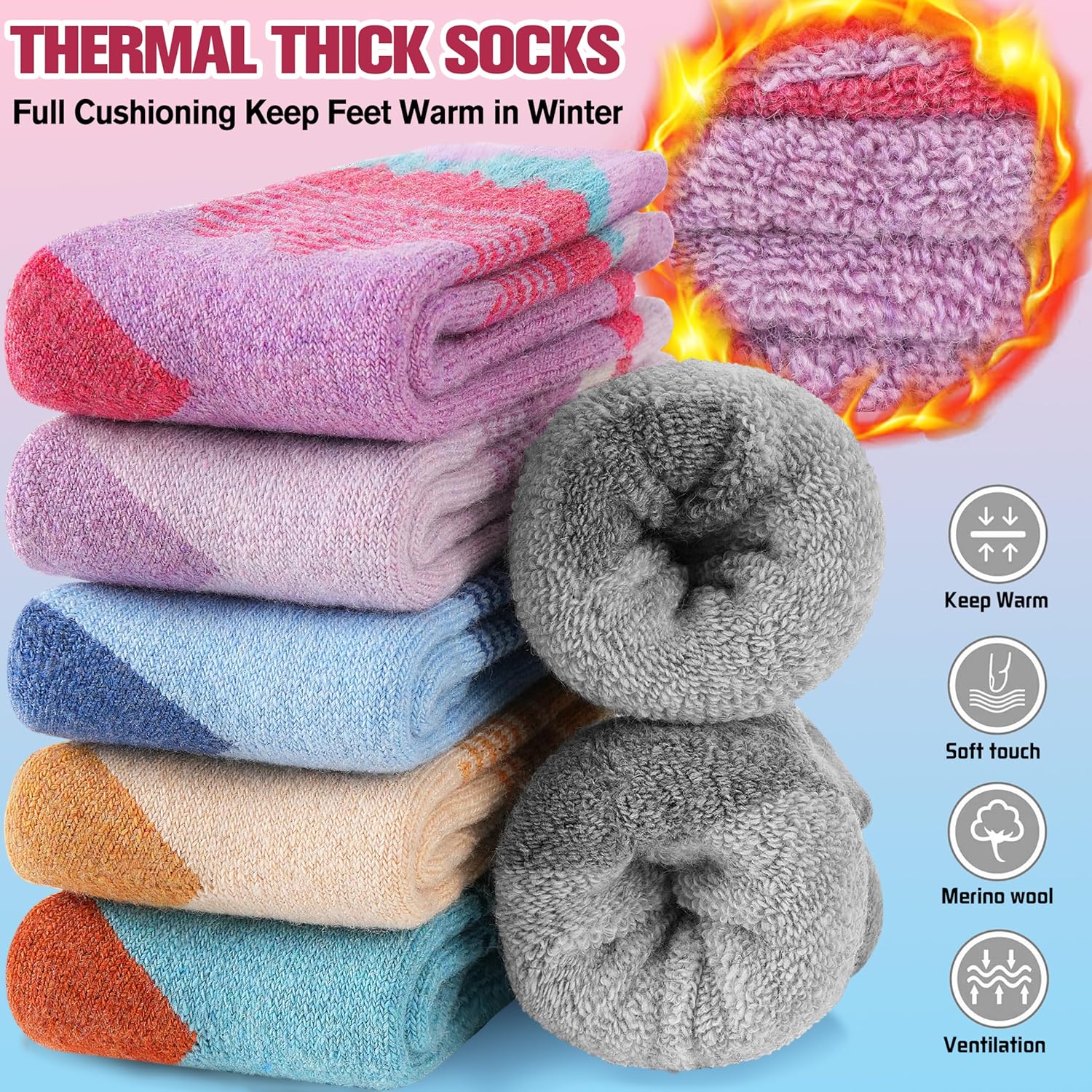 Sandsuced Kids Girls Toddlers Merino Wool Hiking Socks Thermal Warm Winter Cozy Crew Outdoor Socks 6 Pairs - Image 2