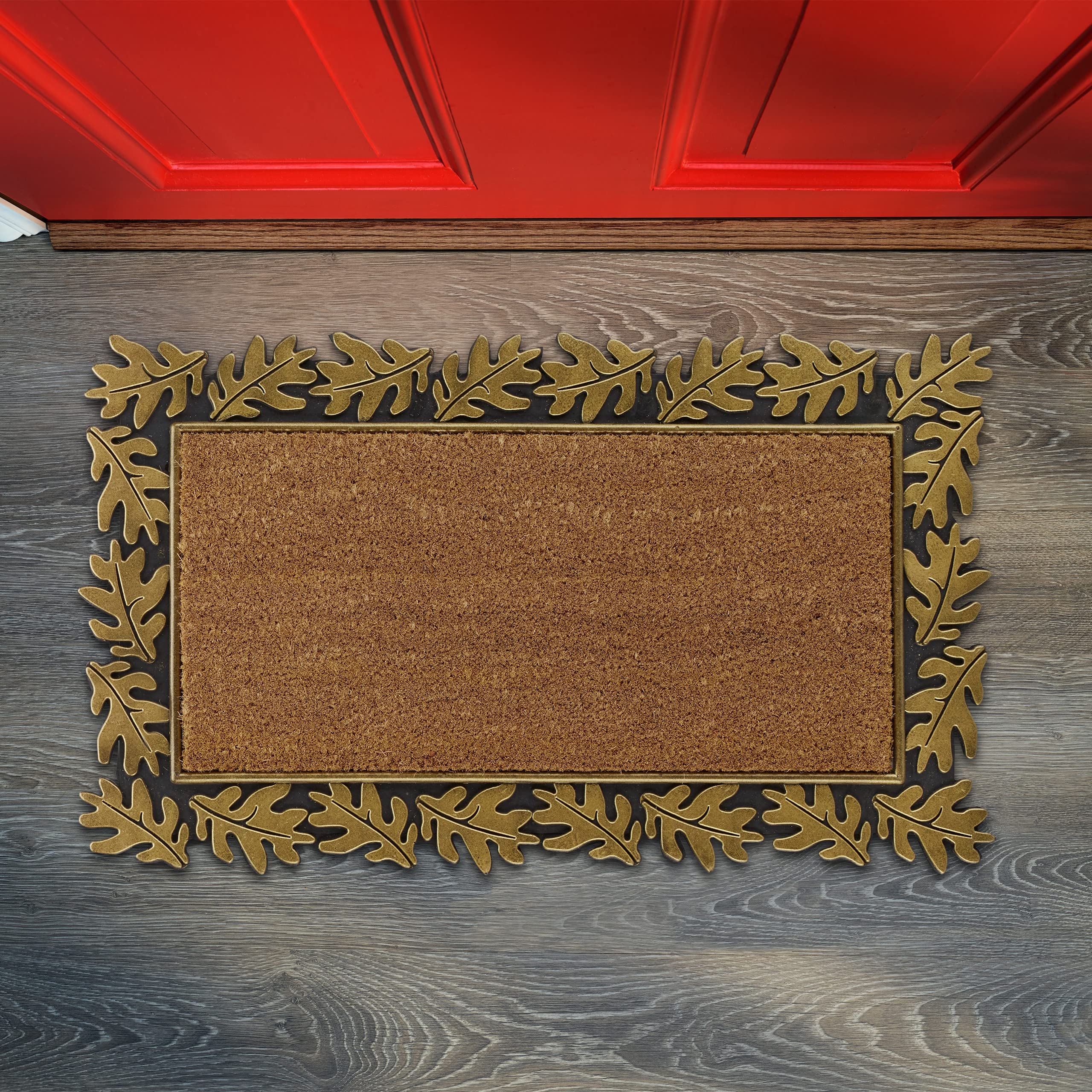 Relaxdays Paillasson Feuilles, Coco Caoutchouc, 45x75 cm, Tapis d’entrée intérieur extérieur, antidérapant, doré
