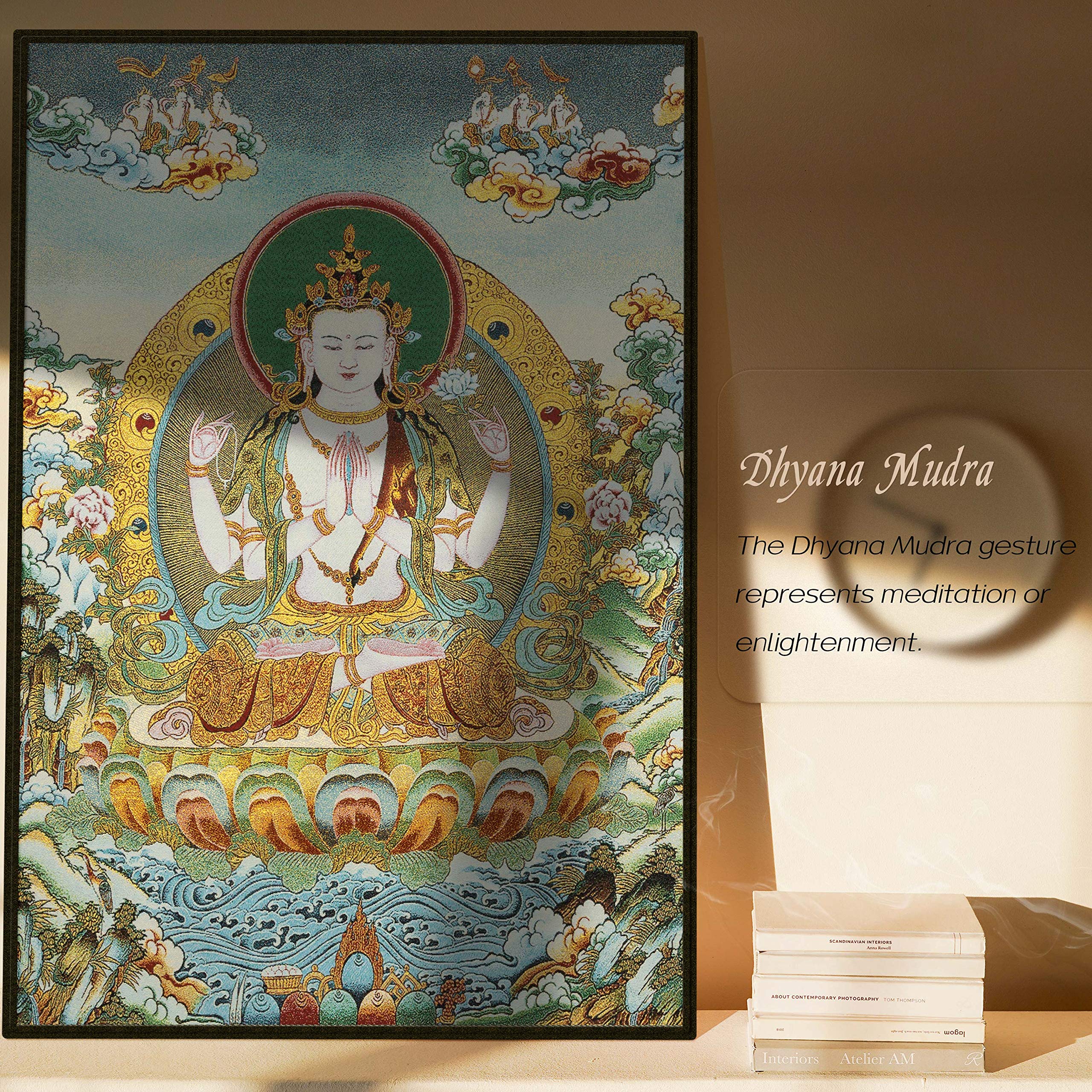 Prime Feng Shui - Thangka tibetano ricamato in seta, con Tara verde/ Buddha kashgari/Kwan Yin a quattro braccia/Avalokitesvara, da appendere alla parete, decorazione per la casa, per meditazione Kt038