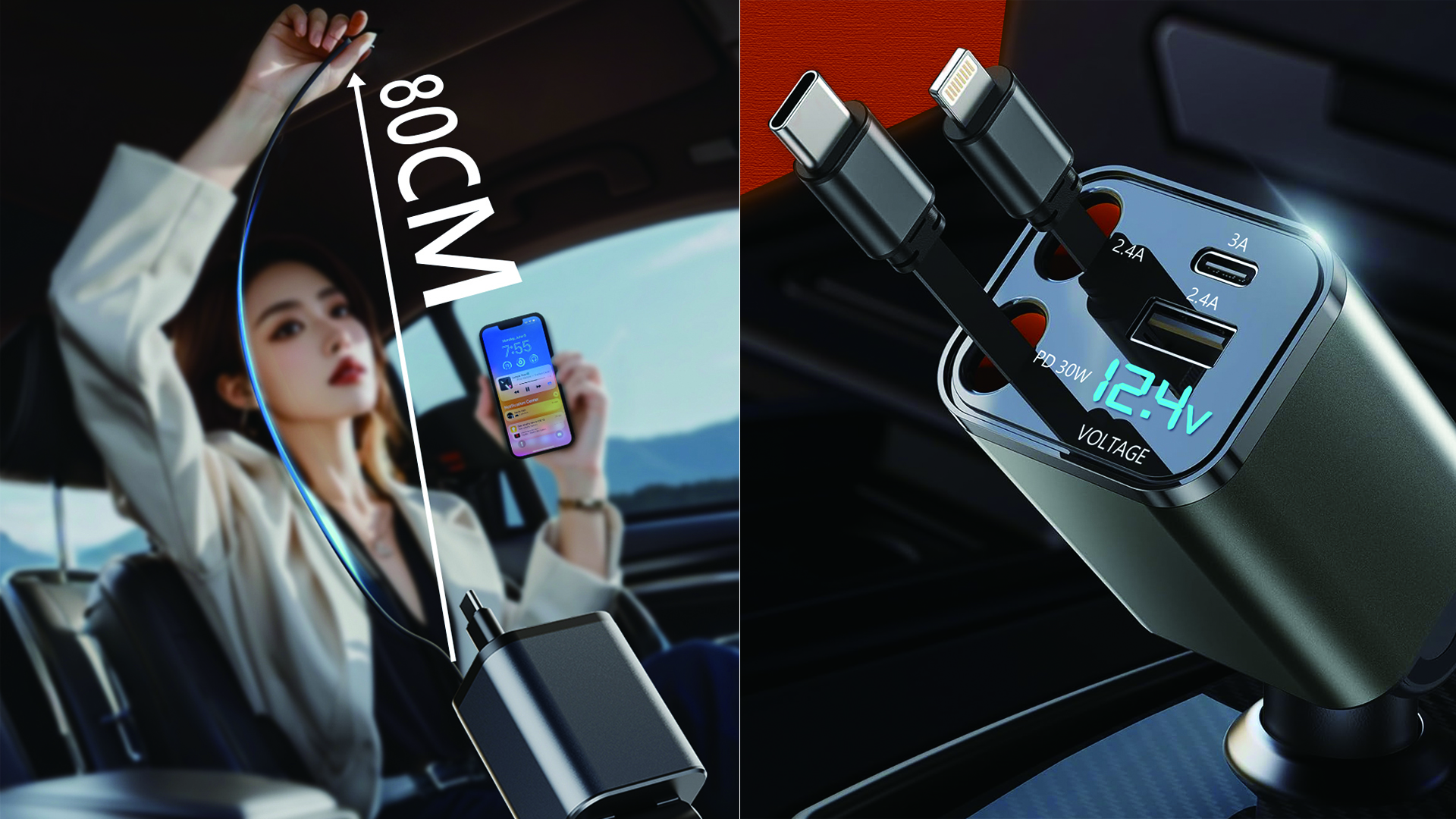 htrahy【小型＆新登場】車 充電器 巻き取り式 カーチャージャー 急速充電 タイプC/USB/ライトニングポート 4台同時使用 LED 電圧表示 ipho Amazon.co.jp: htrahy【小型&新登場】車 充電器 巻き取り式