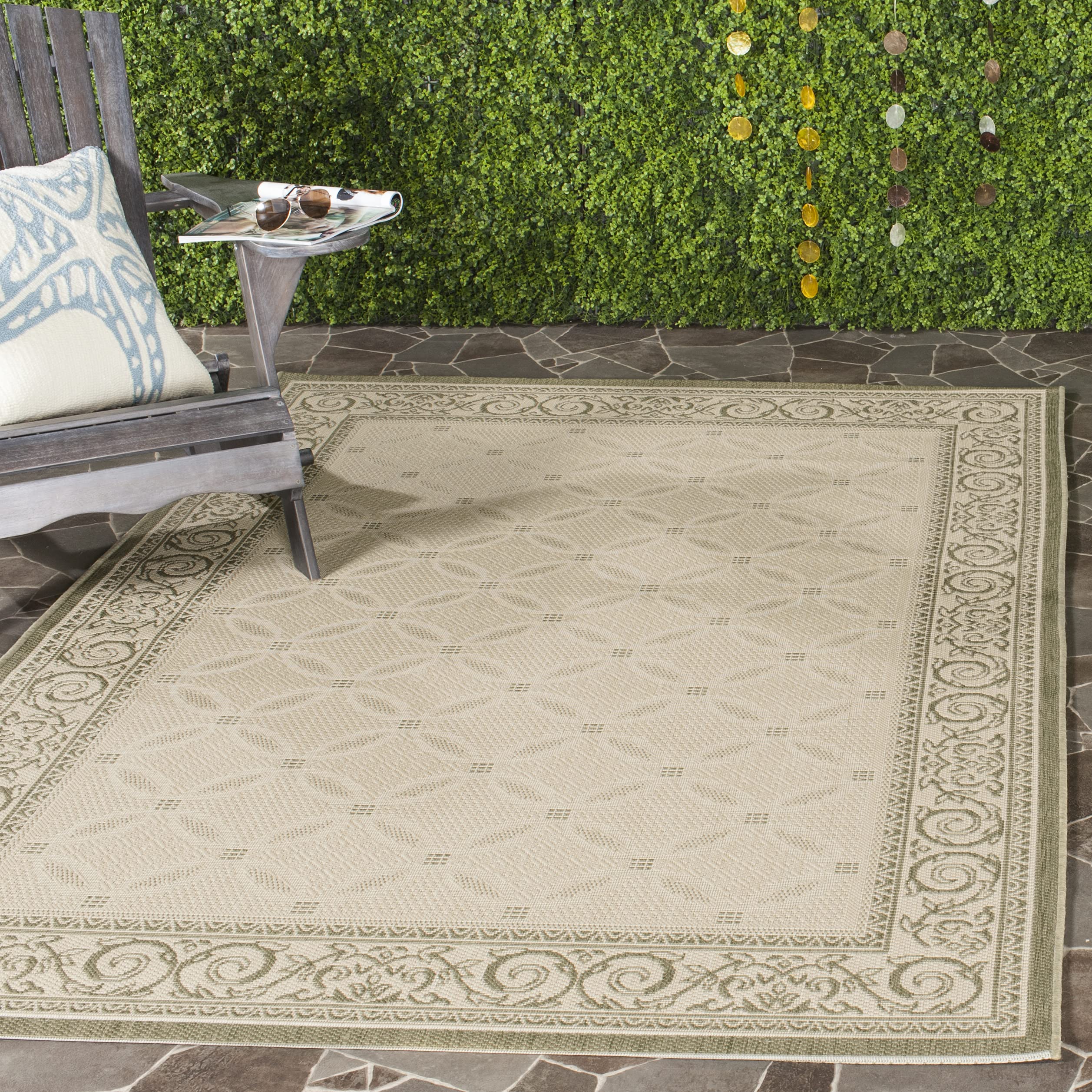 SAFAVIEH Washable Rug Outdoor Courtyard Collection - 5'3" x 7'7", Natural & Olive, Non-Shedding & Easy Cleaning, Ideal for Patio, Backyard, Mudroom (