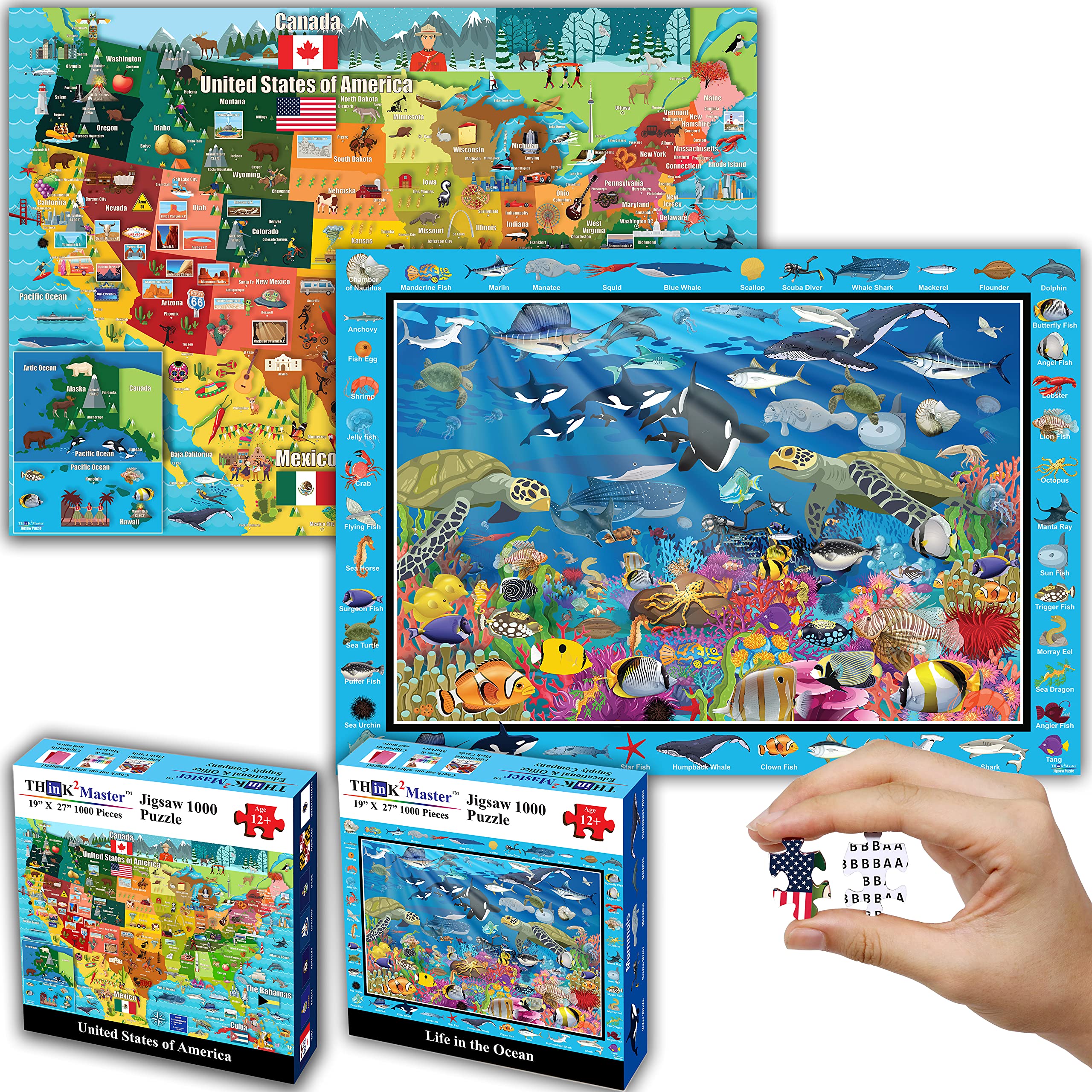 THINK2MASTERColorful United States Map & Ocean Life 1000 Pieces Jigsaw Puzzle for Kids 12+, Teens, Adults & Families. Great Gift for stimulating Interest in The USA Map. Size: 26.8” X 18.9”
