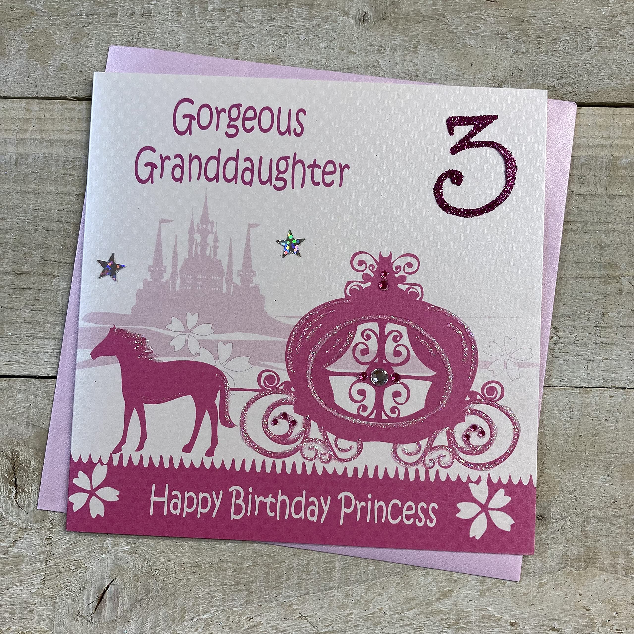 WHITE COTTON CARDS Gorgeous Granddaughter 3 Happy Princess, Handmade Age 3 Birthday Card (Pink, Carriage)