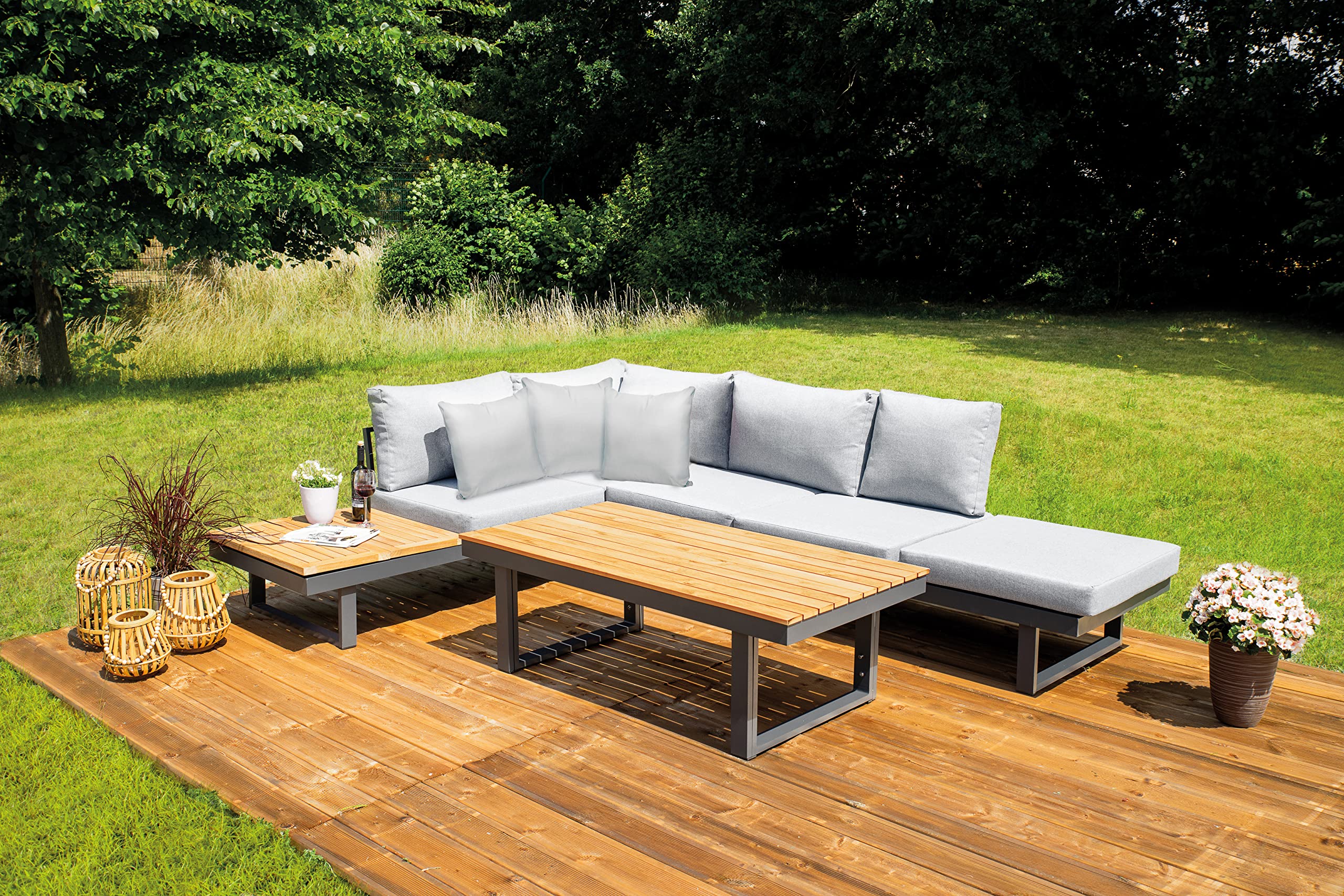 greemotion Salon de Jardin Modulable San José, Mobilier de Jardin en Aluminium 5 Places, Canapé d’Angle Extérieur et Table, Coussins Inclus, Anthracite