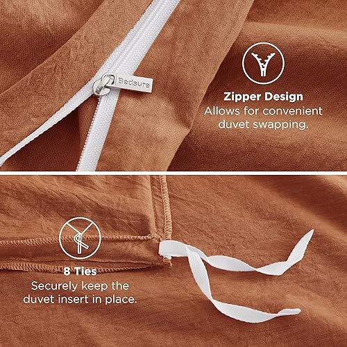 Miniatura 7 de Bedsure Juego de funda de edredón 100% algodón lavado, tamaño Queen, juego de funda de edredón minimalista de algodón terracota, similar al lino,