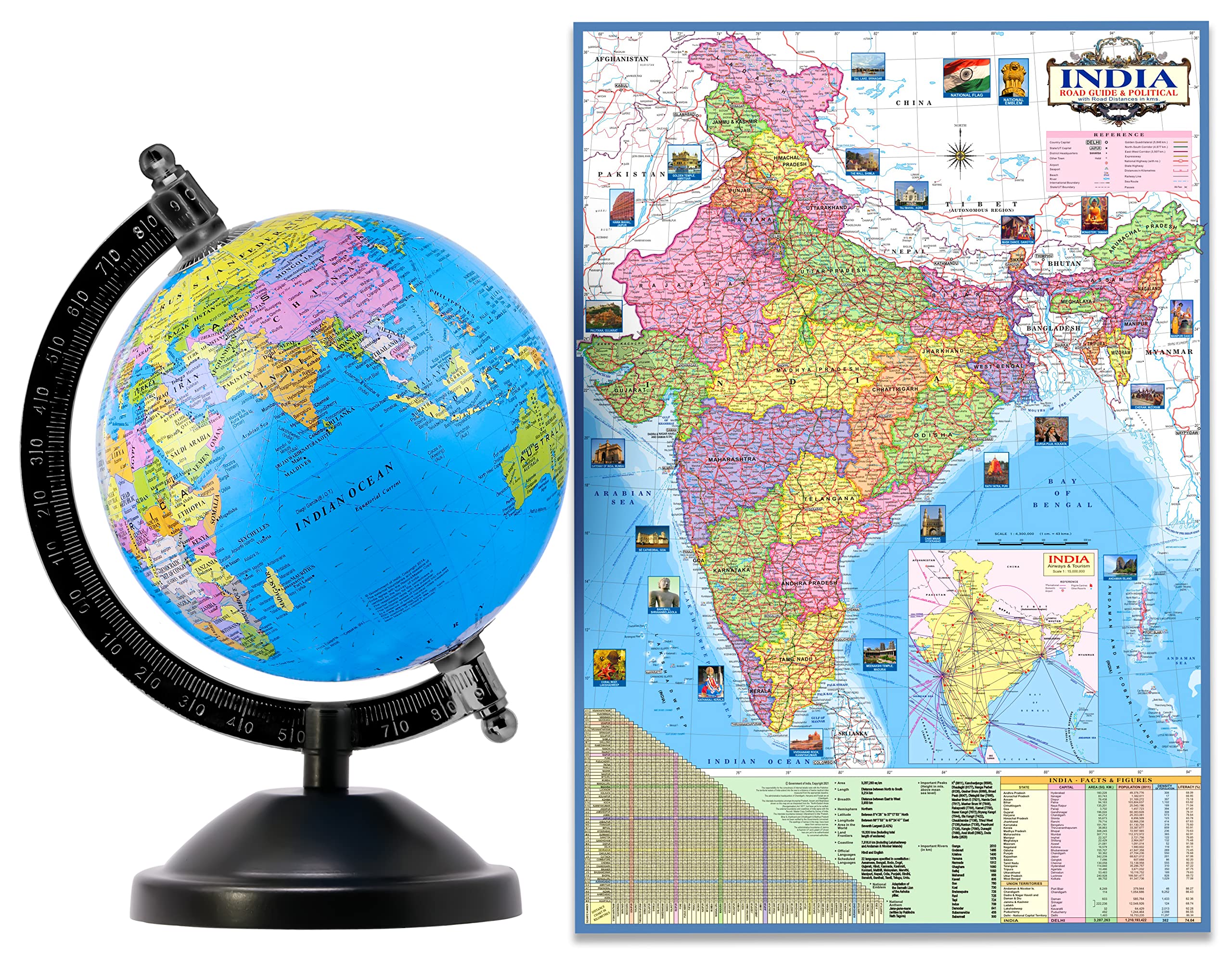 Globe Educational 7 Inches Height Metal Black Base Globe with India Political Map (70 x 100 cm) Home Decor World Globe Office Decor Gift Item Show Piece