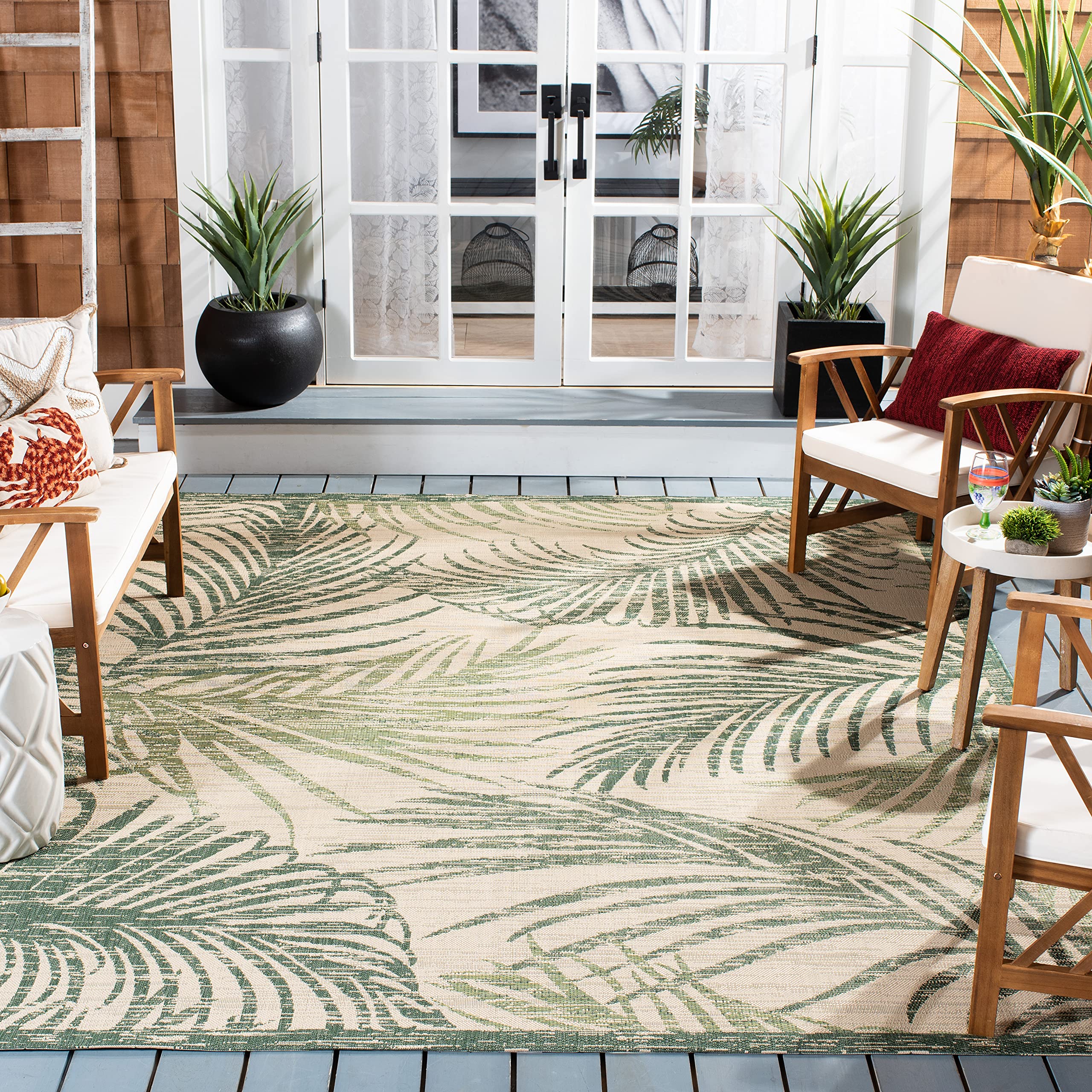 SAFAVIEH Washable Rug Outdoor Courtyard Collection - 6'7" Square, Beige & Green, Non-Shedding & Easy Cleaning, Ideal for Patio, Backyard, Mudroom (