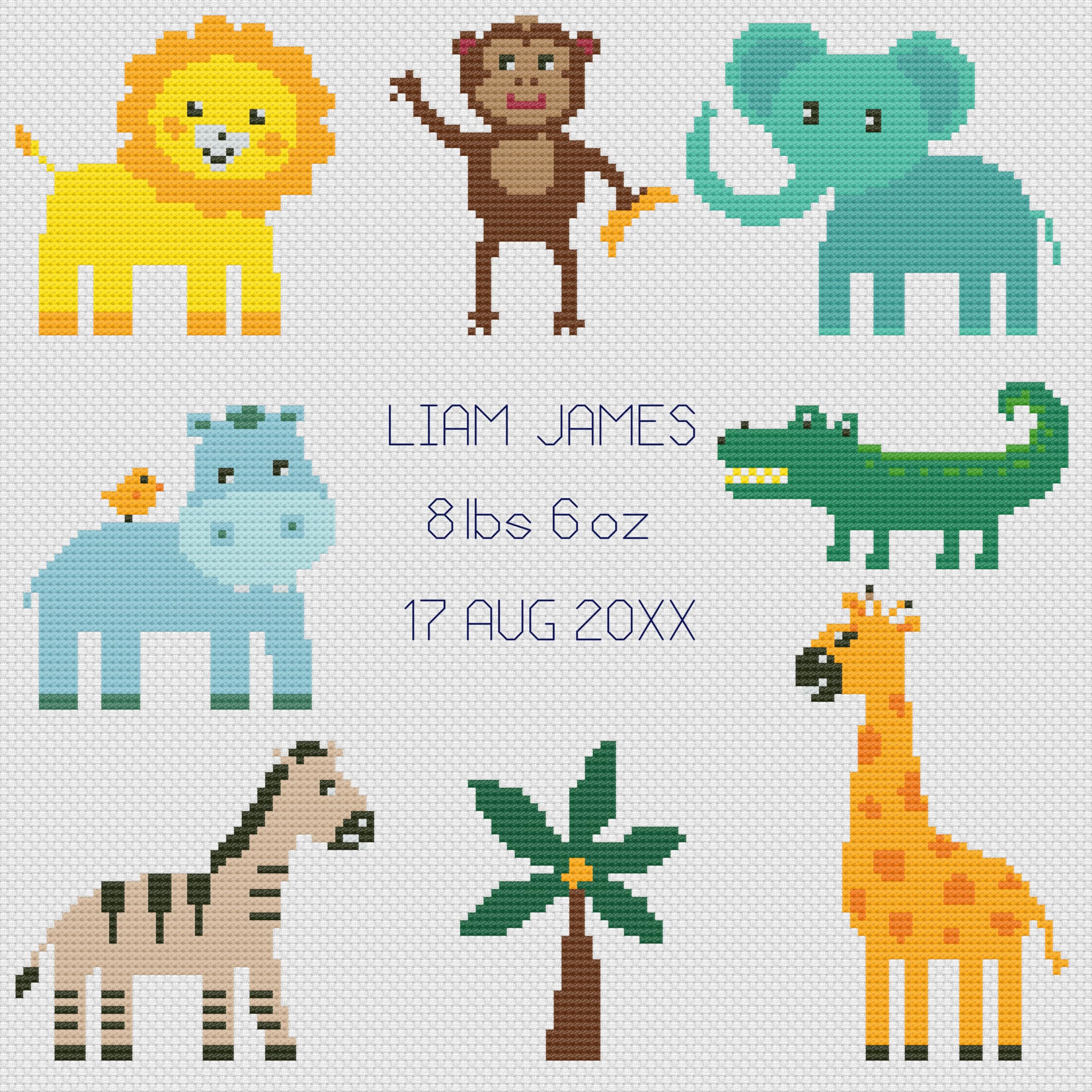 Jungle Animal Birth Sampler Cross Stitch Kit