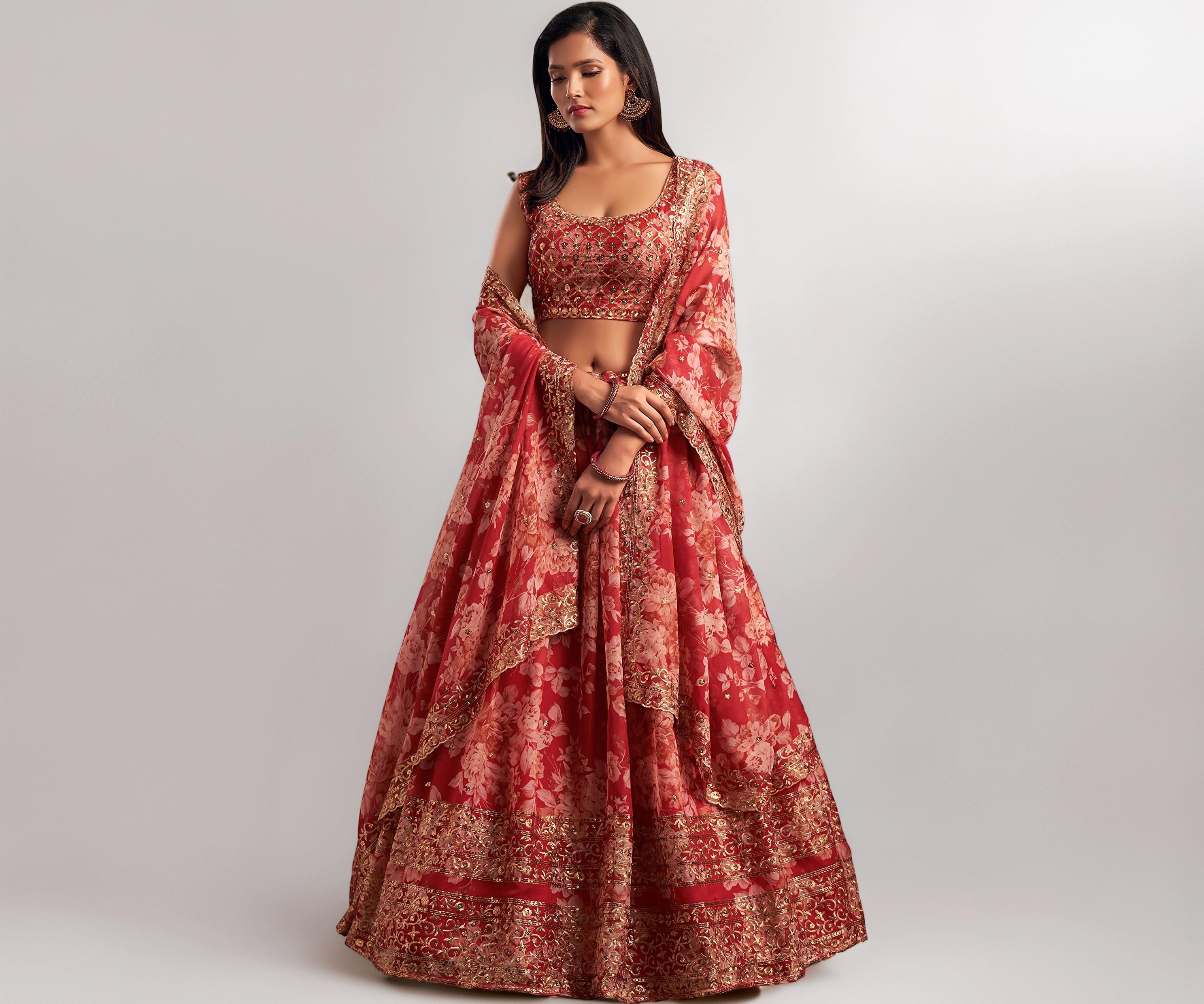 Zeel Clothing Women's Organza Floral White Semi-Stitched Lehenga Choli (7611-Wedding-Floral-Lehenga-Latest, White)