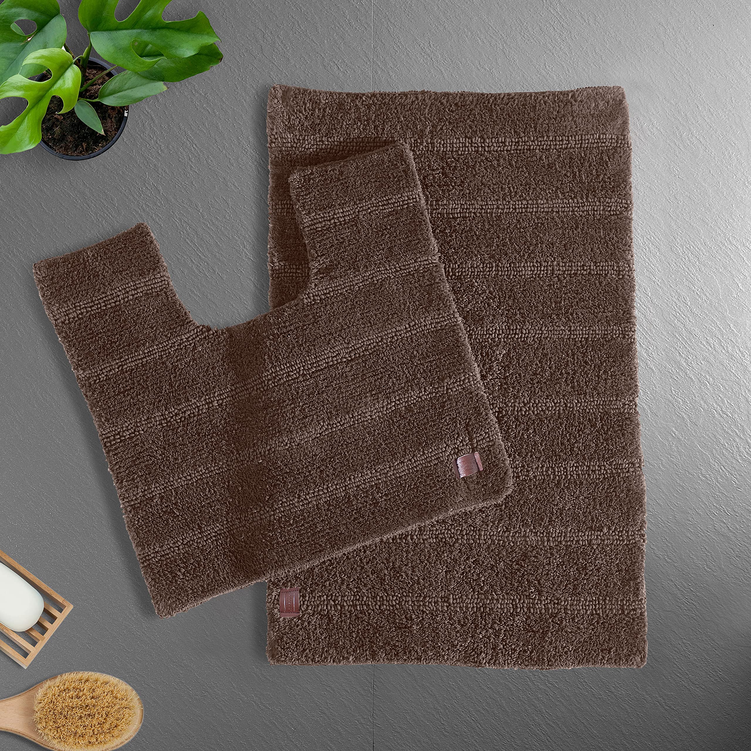 SPREAD SPAIN Cotton Mushy Reversible Bathmat 2700 GSM Super Absorbency 1 pc Luxury Bathmat and 1 pc Contour Bathmat 2 pc Set (50X80 CM + 50X50 CM Dark Brown)