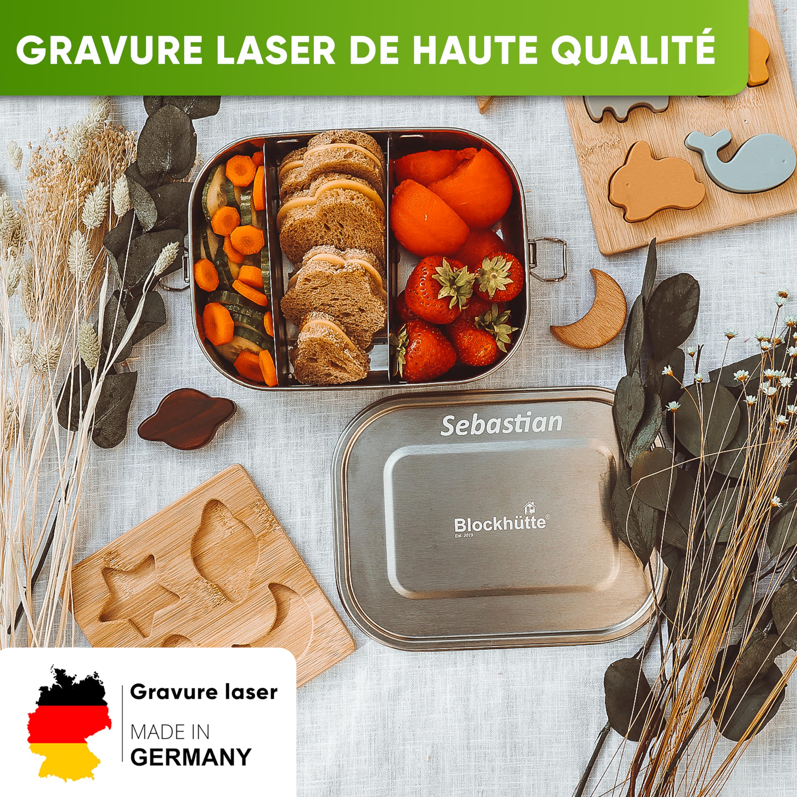 Blockhütte Personnalisé Lunch Box en Inox avec 2 cloisons I 800ml I Bento Box Inox, Boite a Gouter Enfant et Adulte Hermétique I Boite Lunch - Lunchbox pour l'école ou travail