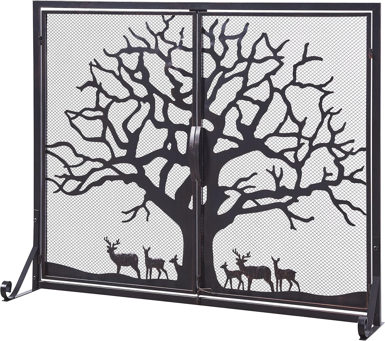 Vanity Art 2 Panel Iron Fireplace Screen with Doors | Farmhouse Decorative Mesh Spark Guard Fire Place Cover Bronze Finish Wood Burning Stove Accessories, Brown MLT2028FP-TRDE