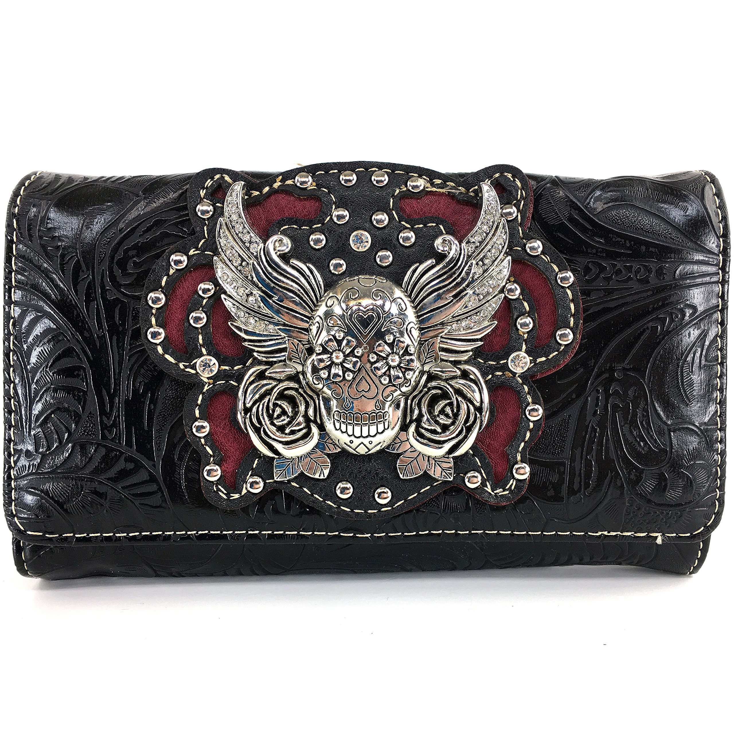 Justin West Tooled Winged Sugar Skull Roses Laser Cut Wristlet Trifold Wallet Attachable Long Strap (Black)