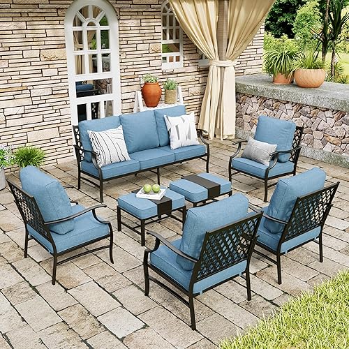 Patio Furniture Set 7 pcs, Outdoor Patio Furniture, 3-Seat Sofa, 4 Single Chairs, 2 Ottomans and 5.75" Extra Thick Cushion, Conversation Set for Backyard Deck,Navy Blue