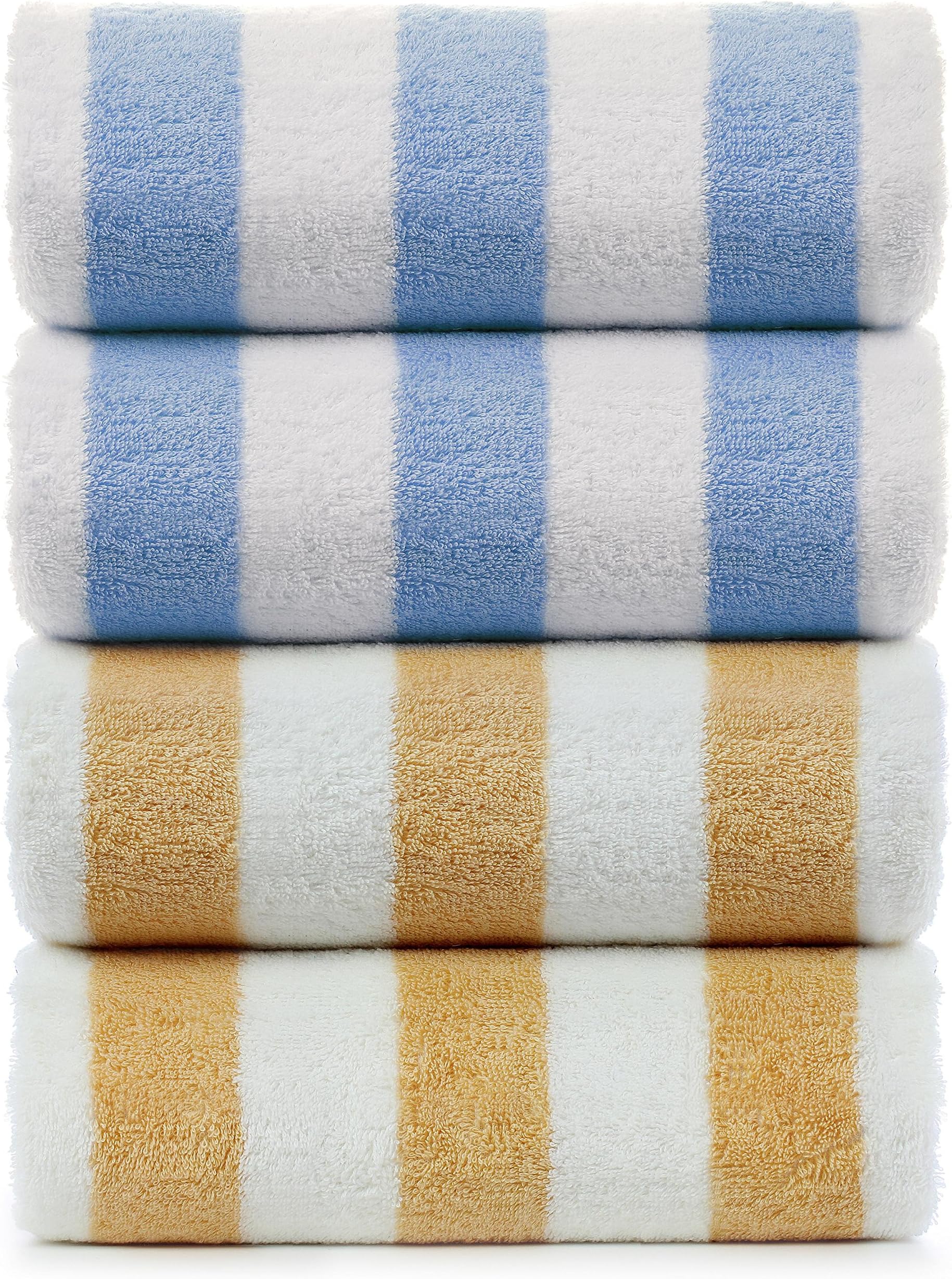 Indulge Large Beach and Pool Towel, Cabana Stripe, 100% Turkish Cotton (30x60 inches, Set of 4, Blue + Salmon)