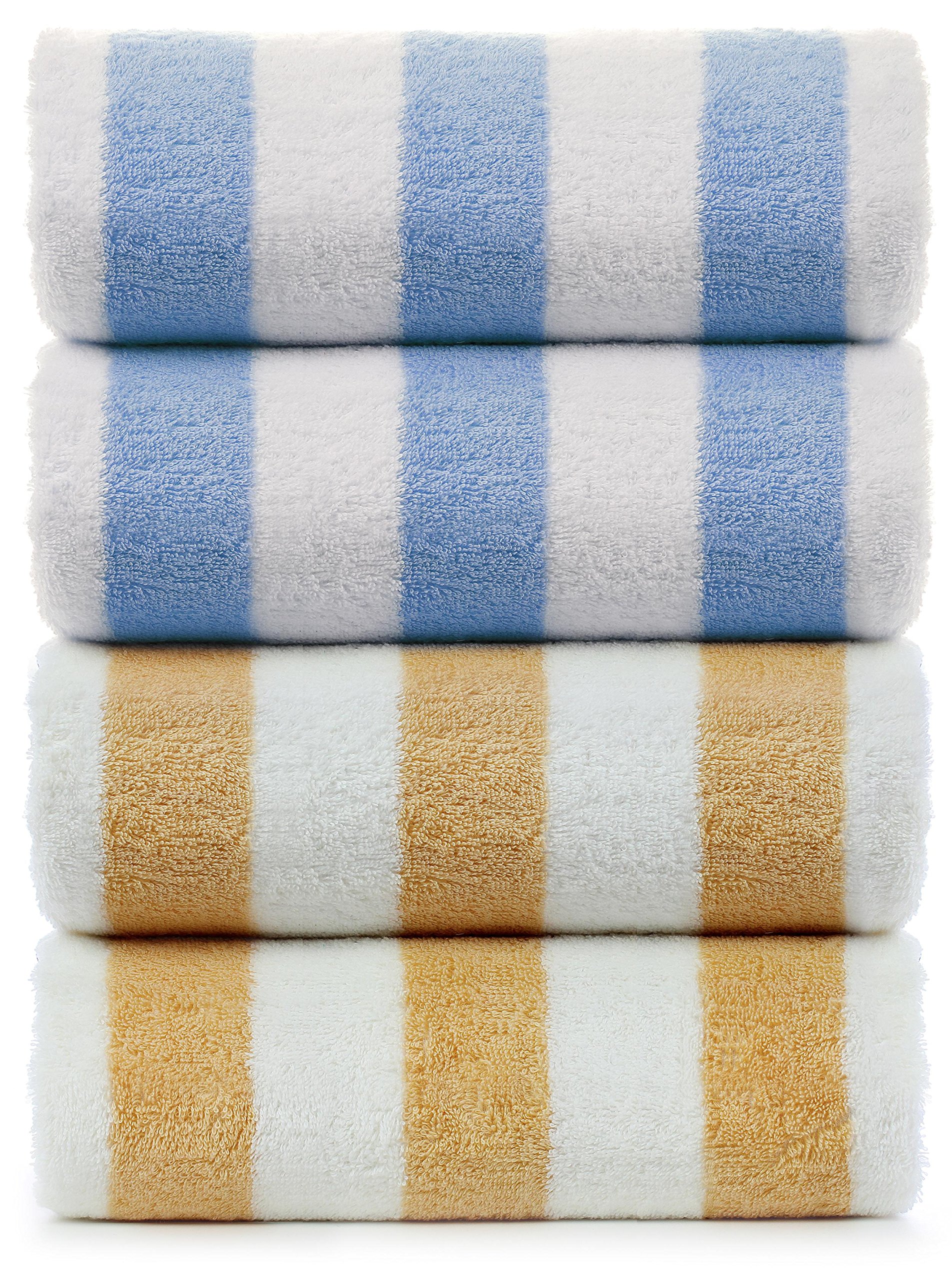 Indulge Large Beach and Pool Towel, Cabana Stripe, 100% Turkish Cotton (30x60 inches, Set of 4, Blue + Salmon)