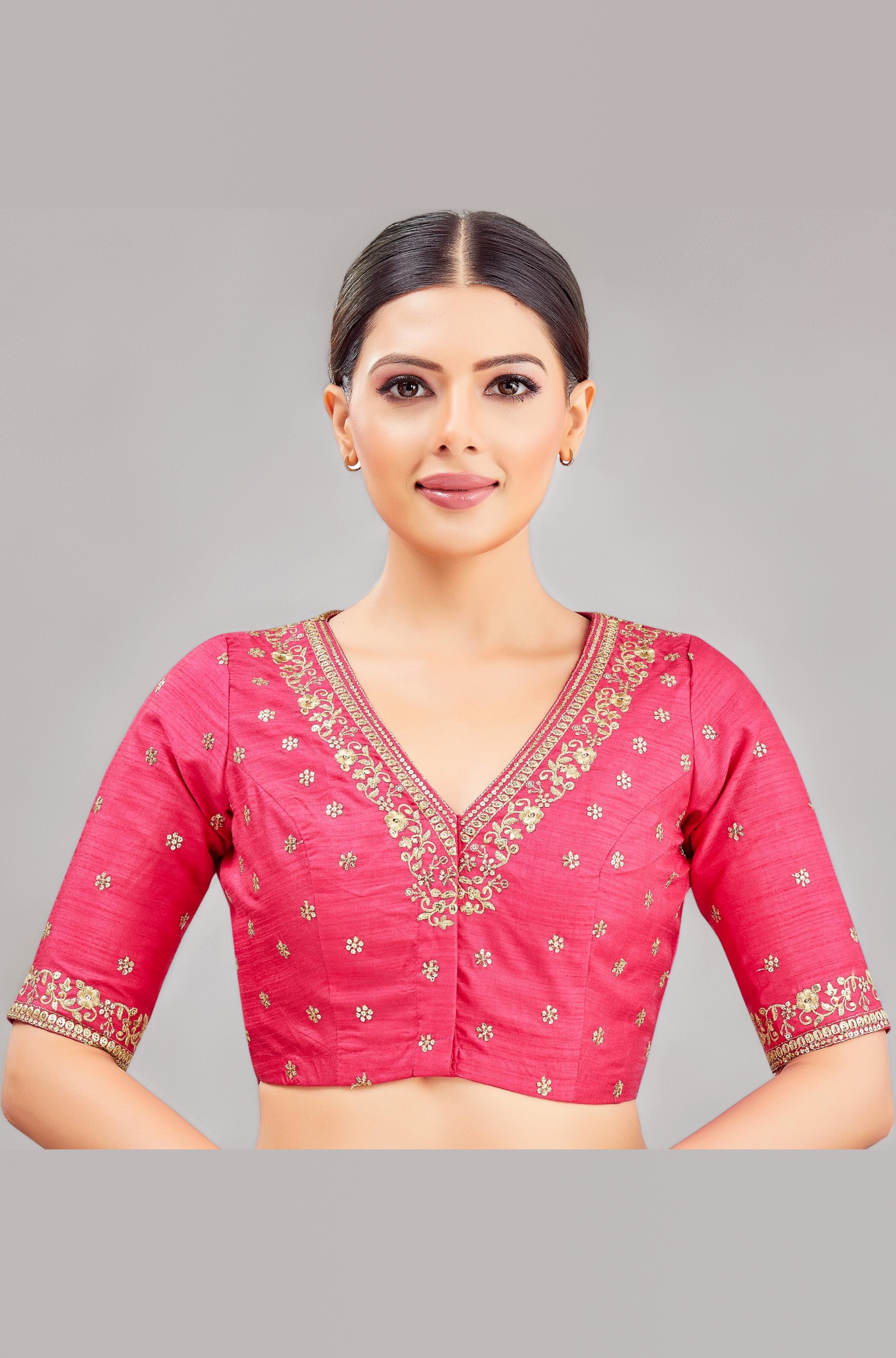 Studio Shringaar Women's Cotton Elbow Length Sleeves Embroidered Wedding Saree Blouse