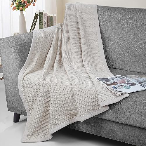 Miniatura 4 de Mantas 100% algodón con costuras, para sofá, mantas de punto gofre para todas las estaciones, acogedoras, suaves y transpirables, ligeras mantas de