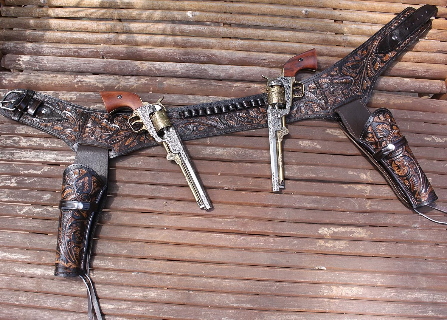 TJAYZ New 44/45 Cal Double Holster Gun Belt Drop Tooled Leather Western RIG 34"-52"