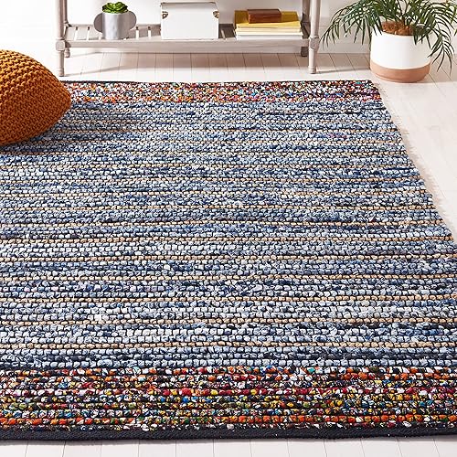 SAFAVIEH Cape Cod Collection - Alfombra de área de 8 x 10 pies, natural y azul, hecha a mano de yute y algodón, ideal para zonas de alto tráfico en