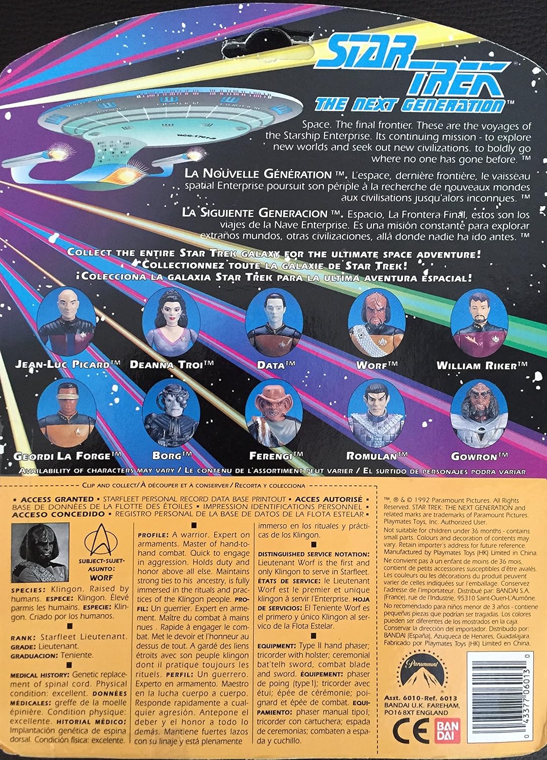 PlayMates Star Trek Next Generation Lieutenant Worf 1992 Action Figure