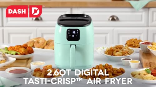 DASH-branded lifestyle banner reading 2.6QT Digital Tasti-Crisp Air Fryer, showing the mint-green unit on a kitchen counter surrounded by fried snacks