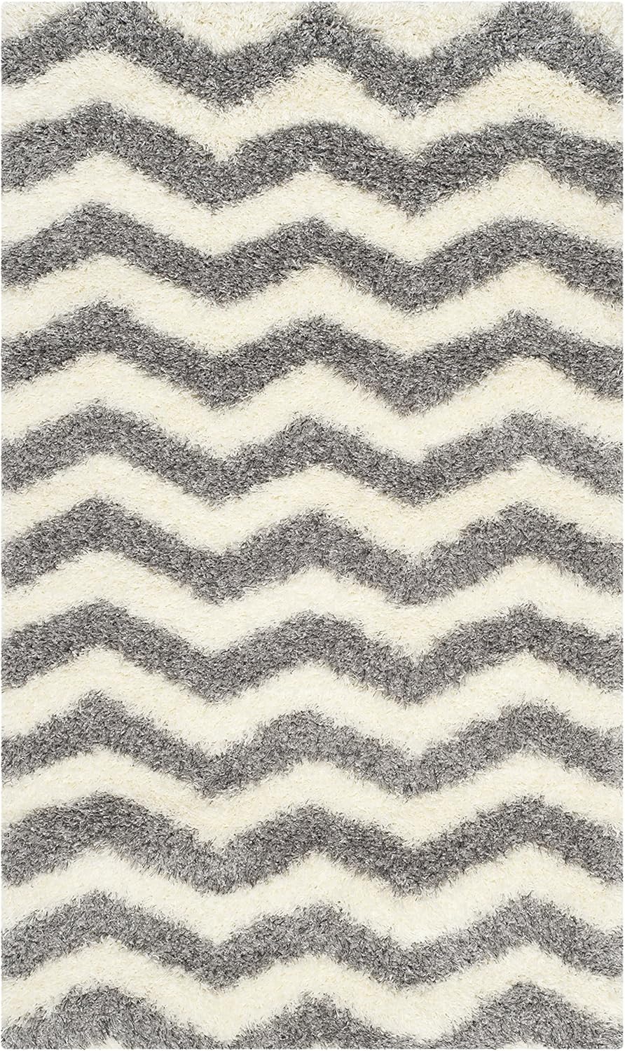 SAFAVIEH Montreal Shag Collection 2'3" x 7' Ivory/Grey SGM846B Chevron Non-Shedding Living Room Bedroom Dining Room Entryway Plush 2-inch Thick Runner Rug