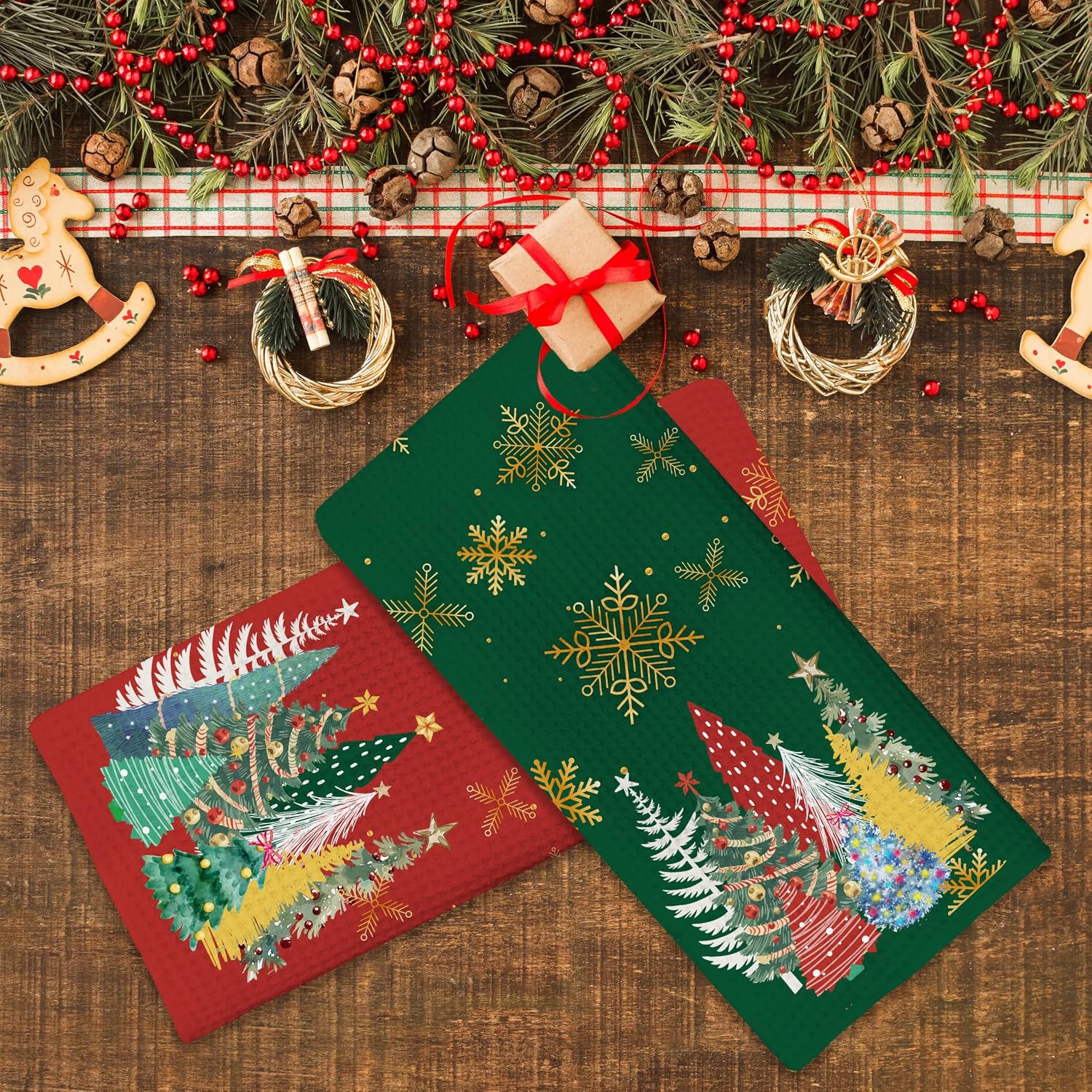 Christmas Tree Kitchen Towels,16x24 Inches Set of 2,Green & Red Tea Towels Dish Towels Hand Towels for Home Kitchen Farmhouse Bathroom Decor.(020) image 3