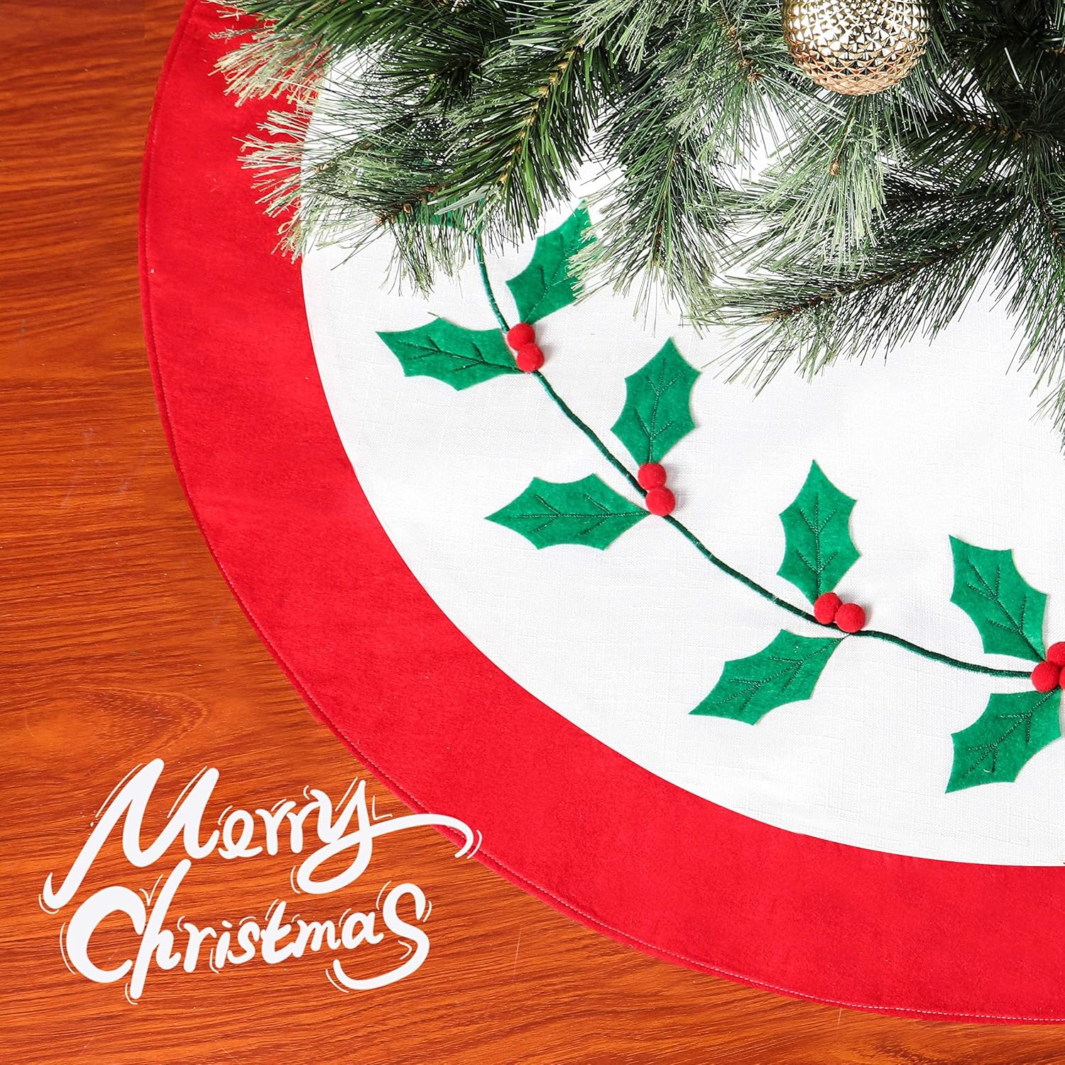 QinYing Green Leaf and Red Berries Pattern Apron Christmas Tree Skirt Christmas Tree Ornaments for Christmas Home Decorations