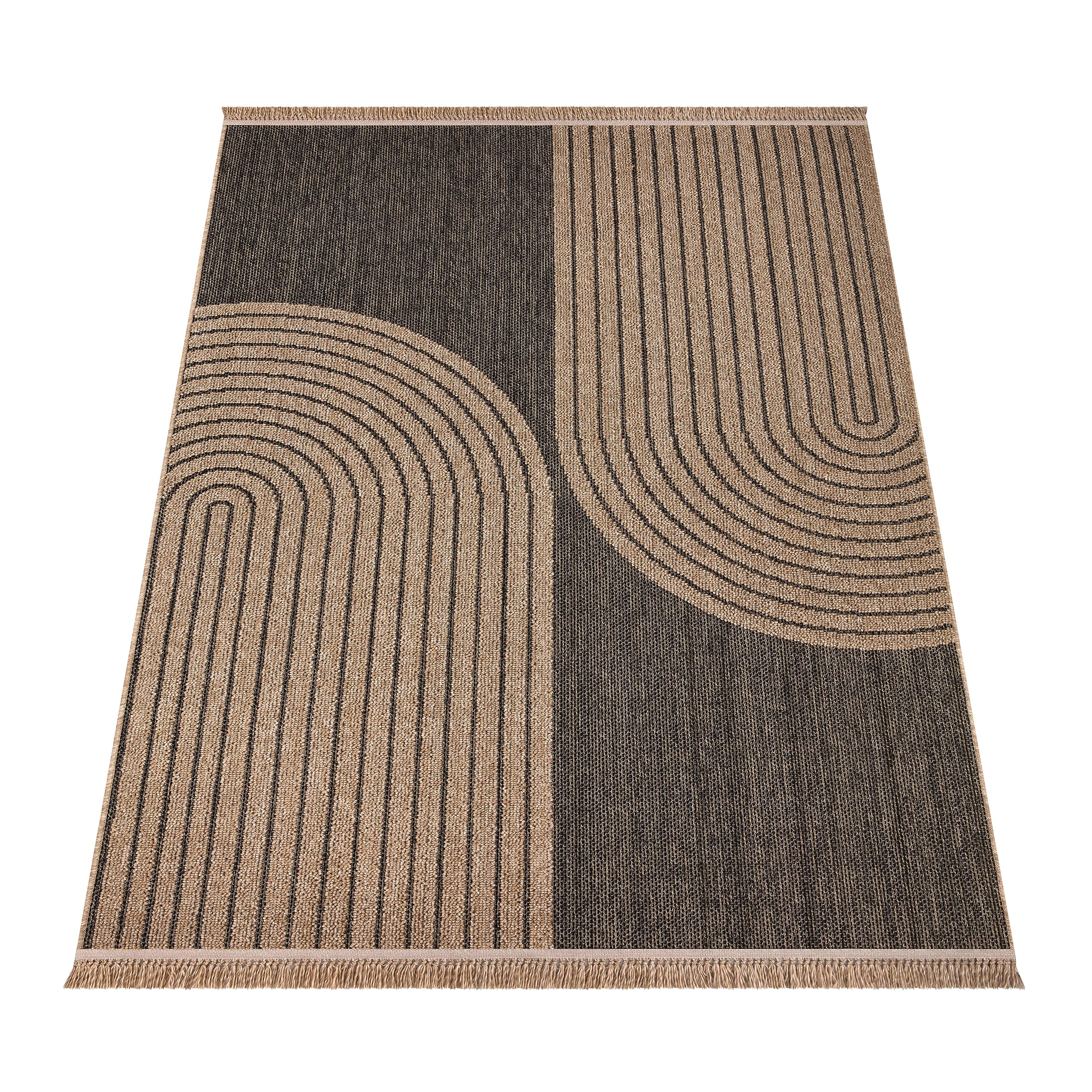 Paco Home Hochwertiger Outdoor Teppich Wetterfest & Pflegeleicht Jute-Sisal-Optik mit Fransen & Hoch-Tief-Effekt Langlebig für Terrasse, Balkon, Garten & Küche, Grösse:160x220 cm, Farbe:Anthrazit