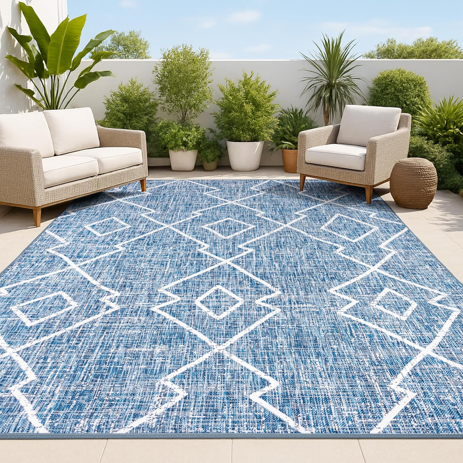 JONATHAN Y Tribal Diamond Trellis Indoor Outdoor Area Rug 3X5 Blue/Ivory, Carwa for Backyard, Patio, Porch, Easy-Cleaning, High Traffic, Pet-Friendly, Non-Shedding (SMB128C-3)