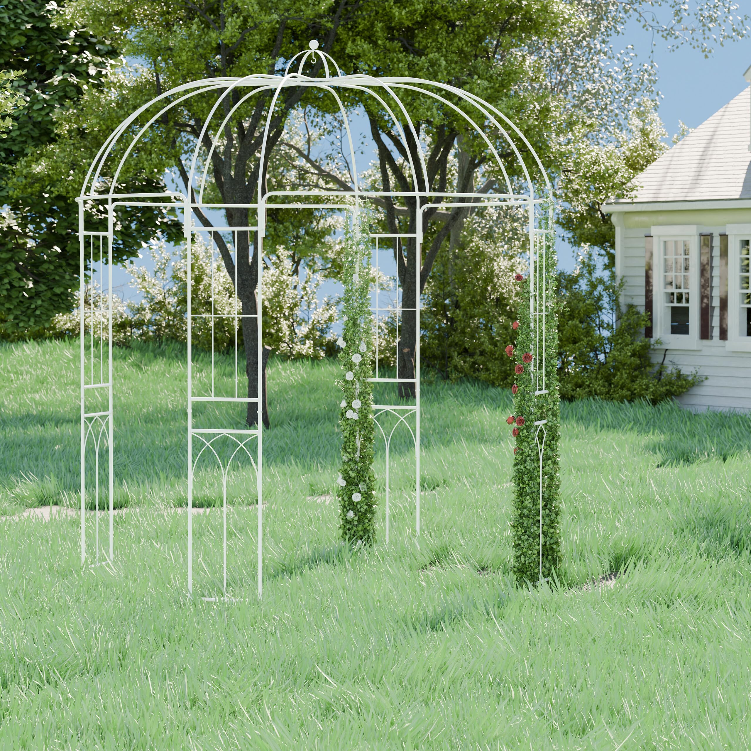 Relaxdays Arco per Piante Rampicanti da Giardino, Gazebo Metallo Rose, Pergola HLP 269x211x211 cm, Padiglione, Bianco