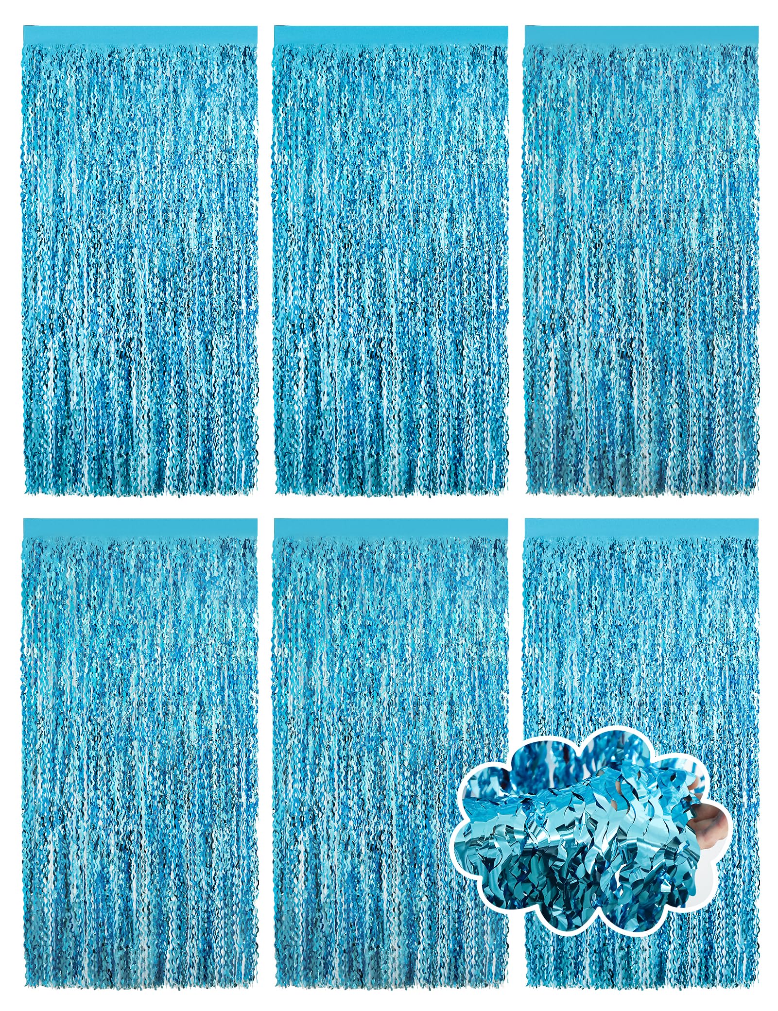Lot de 6 rideaux à franges ondulées en feuille d'aluminium, bleu brillant et métallisé, pour anniversaire de sirène, fête sous la mer, décorations d'anniversaire sirène, 1 x 2 m