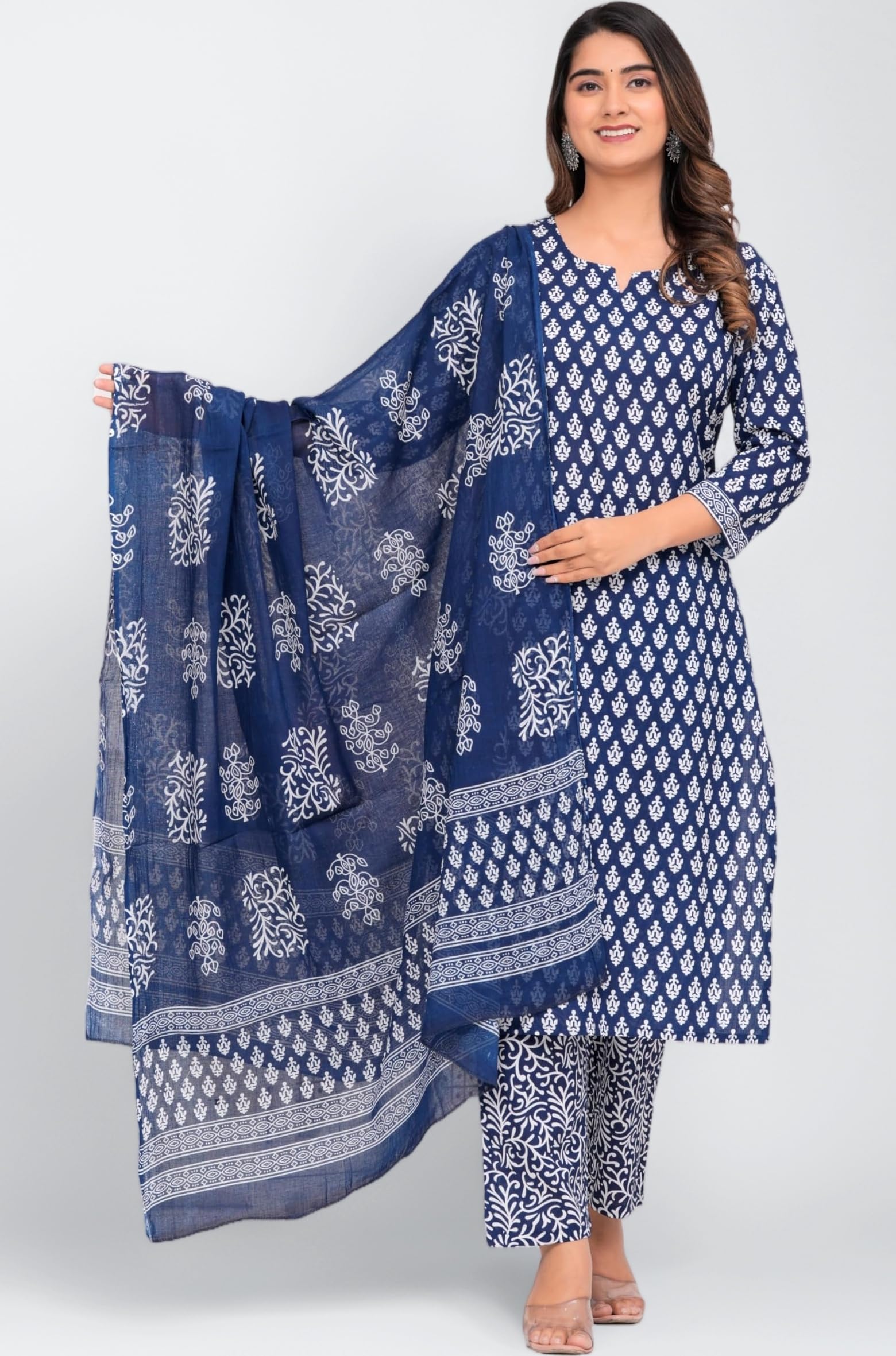 MEERA FAB Women's Cotton Printed Straight Kurta with Palazzo & Dupatta Set