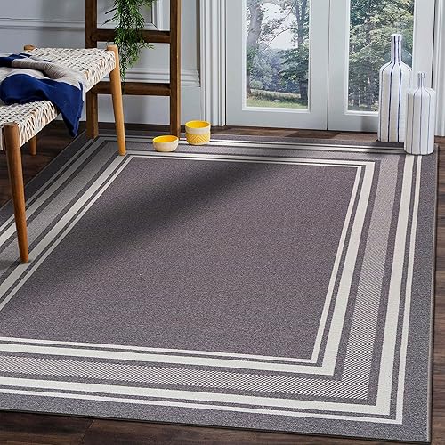 Beverly Rug Modern Bordered 8X10 Area Rug for Living Room, Dining Room Rug, Bedroom Carpet, Indoor Non Skid Rubber Backed Area Rugs, Gray