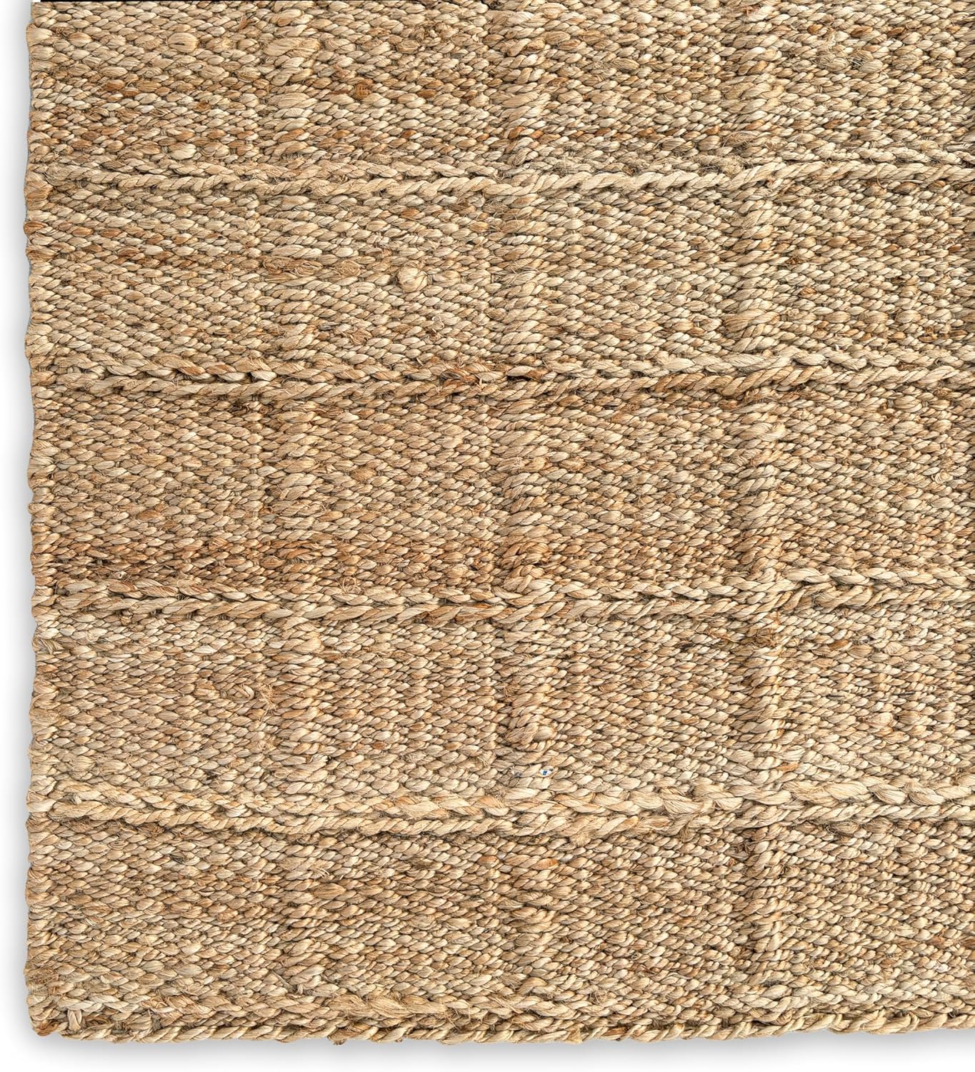 Block Grid Jute Area Rug, Natural, 8'x10' Checkered, Boho, Handwoven, Natural Fiber, for Living Room, Bed Room, Hallway, Kitchen