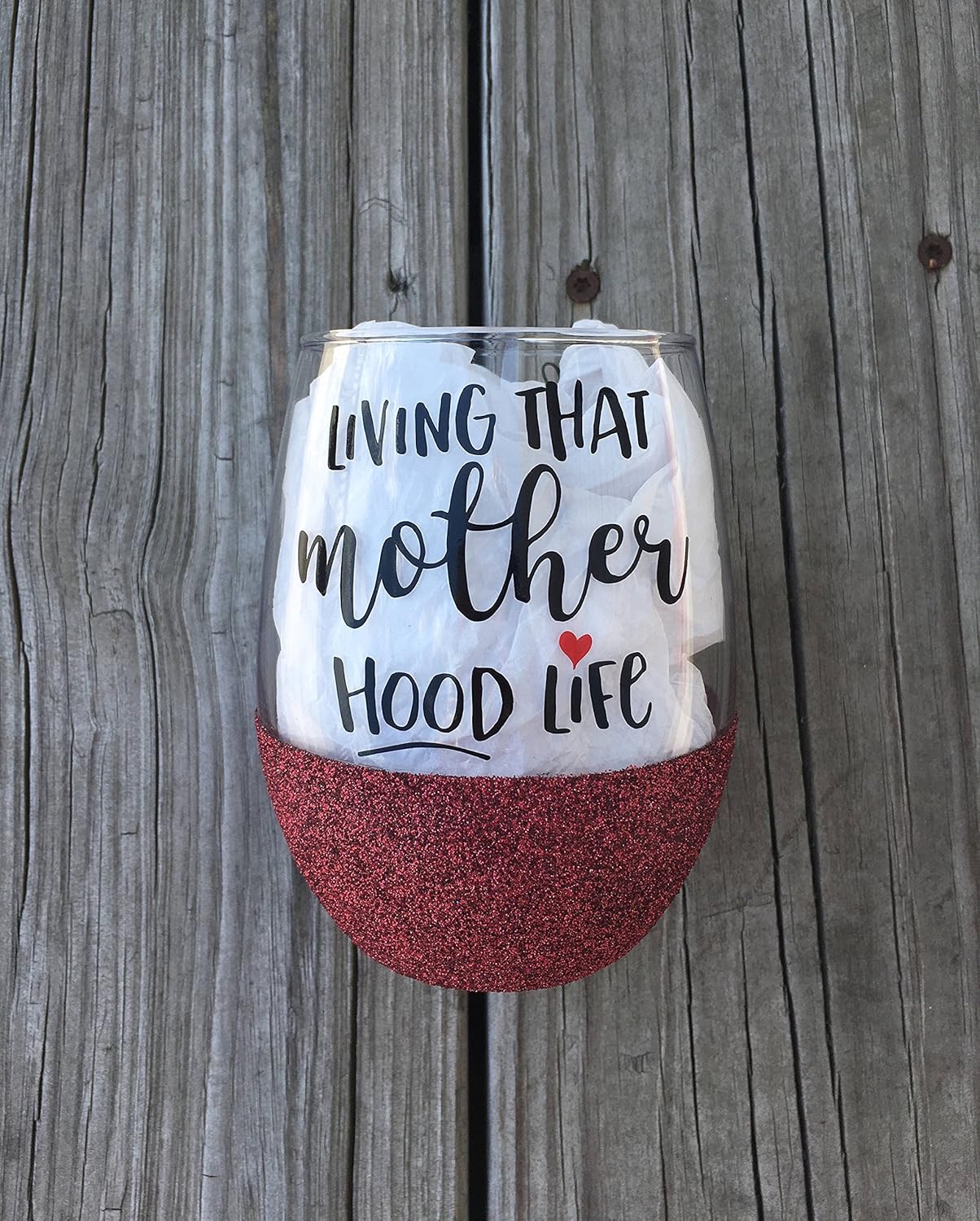Living That Mother Hood Life Wine Glass, Glittered Wine