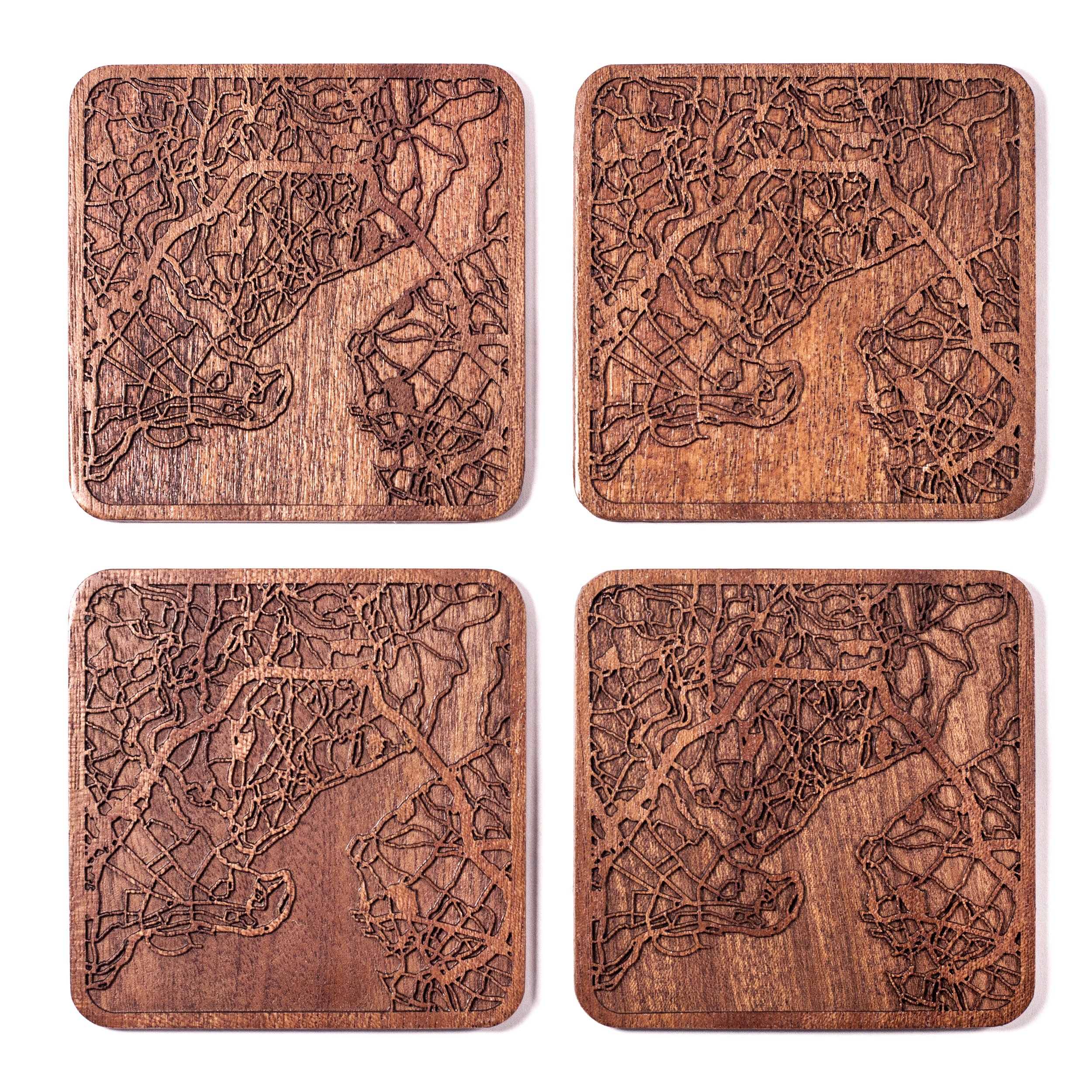 O3 Design Studio Brown Istanbul Map Coaster, Set Of 4, Sapele Wooden Coaster With City Map, Handmade