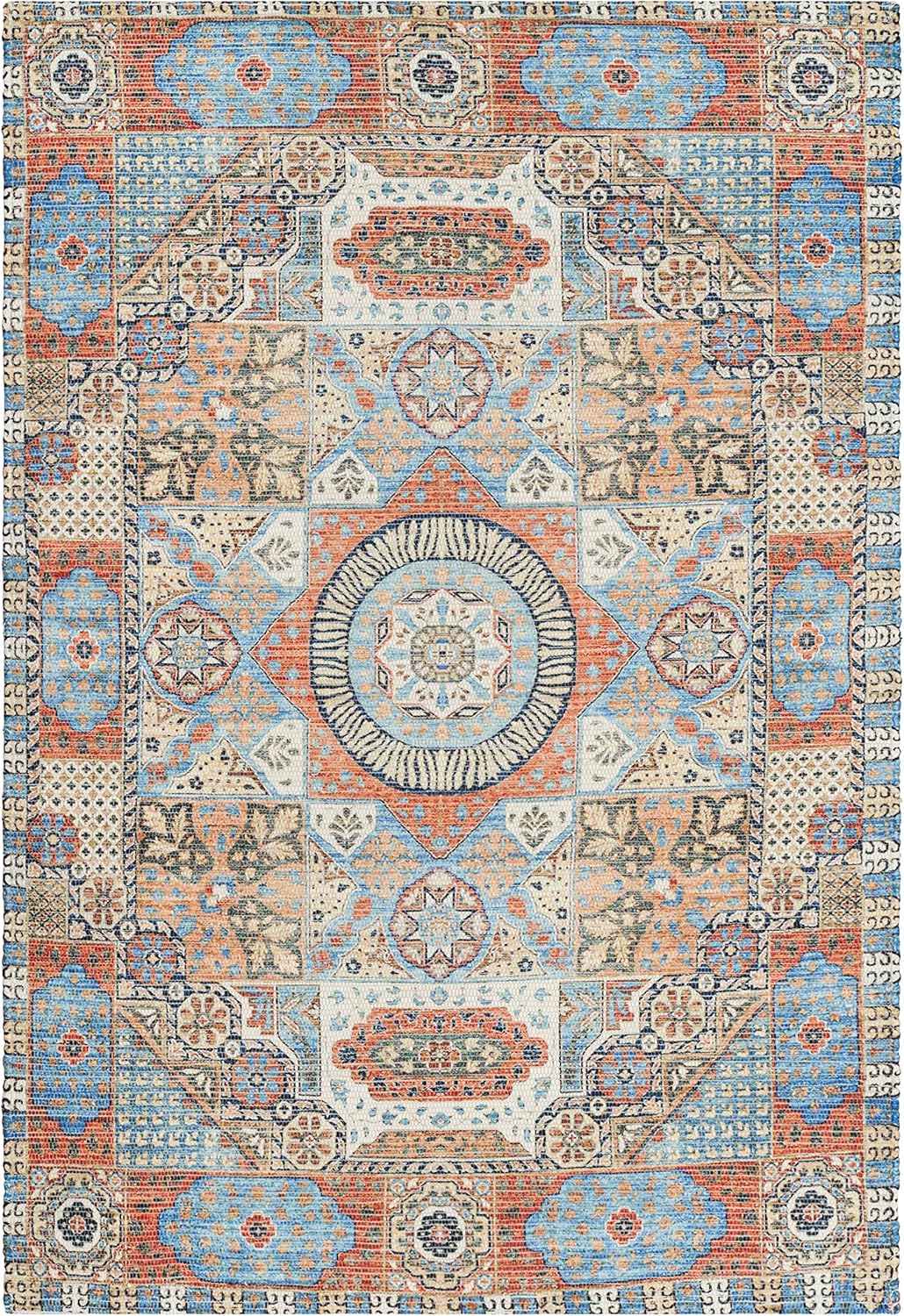 SAFAVIEH Saffron Collection Accent Rug - 4' x 6', Orange & Blue, Handmade Boho Chic Distressed Cotton, Ideal for High Traffic Areas in Entryway, Living Room, Bedroom (SFN541P)