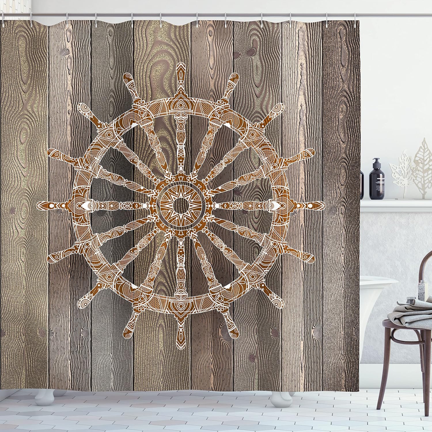 Ambesonne Navy Shower Curtain, Nautical Ship Wheel Pattern on Wooden Background Marine Sea Captain Theme Art, Cloth Fabric Bathroom Decor Set with Hooks, 69" W x 70" L, Umber Brown